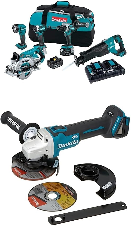 Makita XT507PT 18V LXT® Lithium-Ion Brushless Cordless 5-Pc. Combo Kit (5.0Ah) with Makita XAG09Z 18V LXT Lithium-Ion Brushless Cordless 4-1/2/5 Cut-Off/Angle Grinder