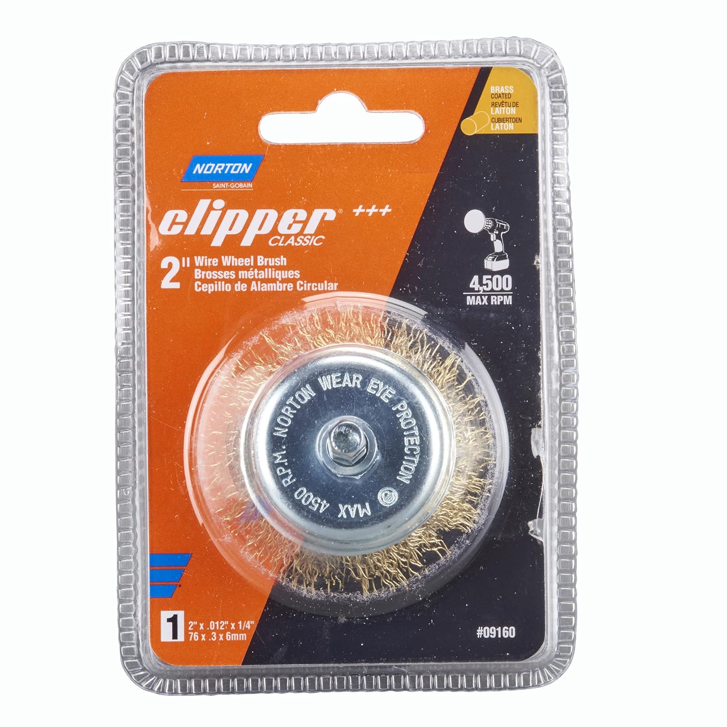Norton Wire Brush, Clipper 2 Wire Wheel for Drill and Pencil Grinder, Coated Brass Brush for Cleaning, Crimped Wire Metal Brush, Pack of 1