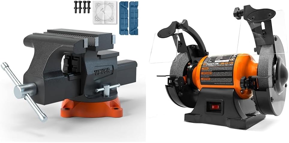 VEVOR Bench Vise, 6.5 Jaw Width 6.5 Forward 9.3 Reverse Opening  WEN BG4260 2.1-Amp 6-Inch Single Speed Bench Grinder, Orange,black