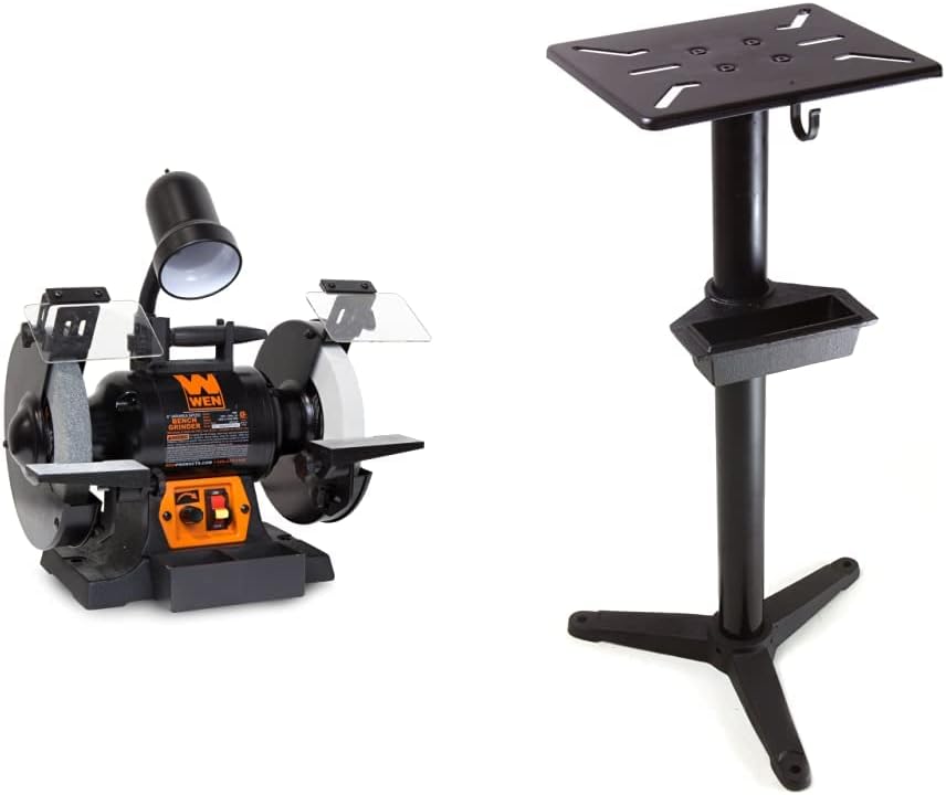 WEN BG4280 5-Amp 8-Inch Variable Speed Bench Grinder with Flexible Work Light, Black,orange and WEN Bench Grinder Stand, 32-Inch with Water Pot (4288T), Black