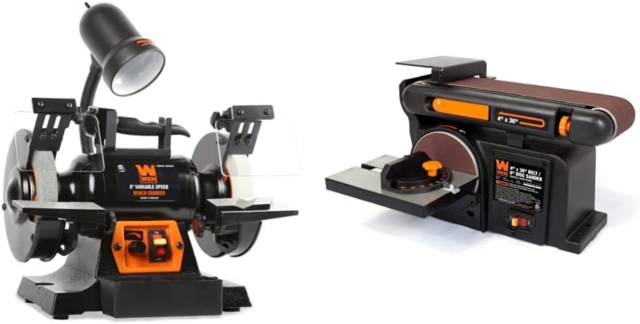 WEN BG625V 2.5-Amp 6-Inch Variable Speed Bench Grinder with Flexible Work Light, Black  6502T 4.3-Amp 4 x 36 in. Belt and 6 in. Disc Sander with Cast Iron Base