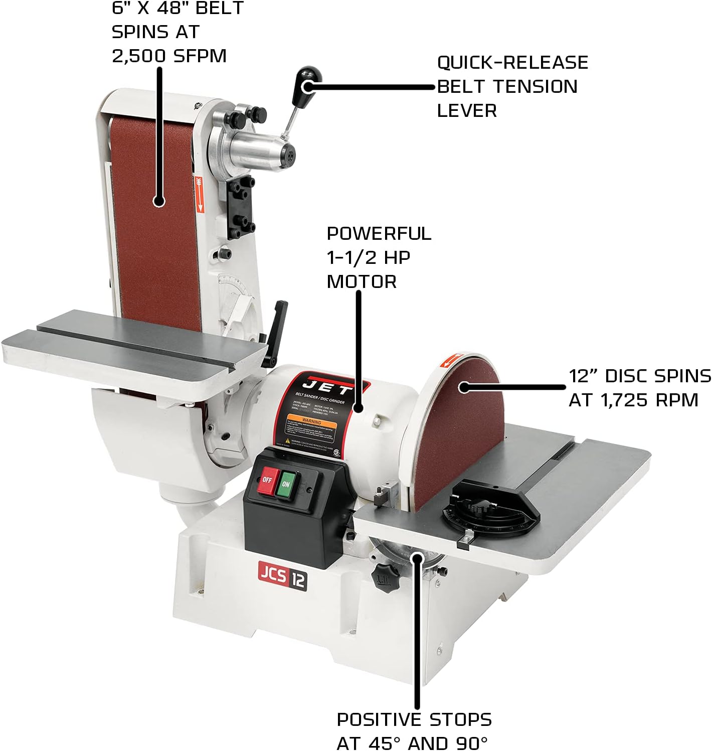 JET Benchtop 6 x 48 Belt and 12 Disc Sander, 1-1/2 HP, 115/230V 1Ph (Model JSG-6DC)