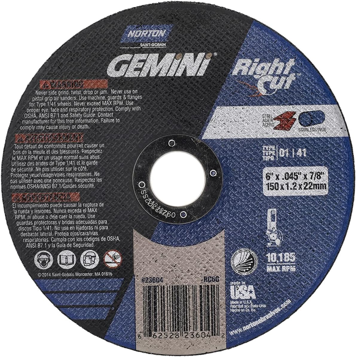 NORTON ABRASIVES/ST GOBAIN 66252823604 Type 1 Cut-Off Wheel, 6 in Dia x 0.045 in T, 7/8 in Arbor
