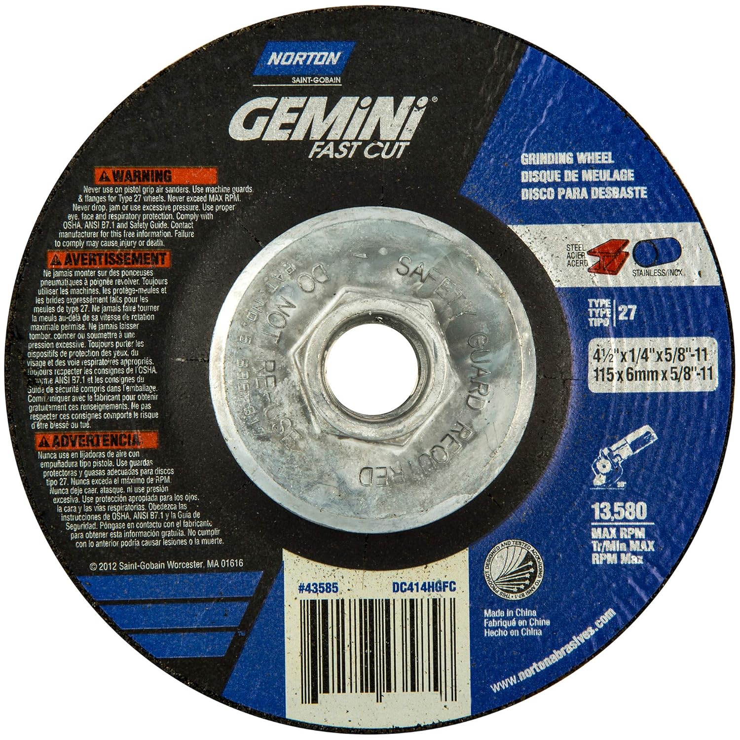 Norton Grinding Wheel, Gemini Fast Cut Grinding Wheel, 4 1/2 for Right Angle Grinder, Pack of 10 Discs