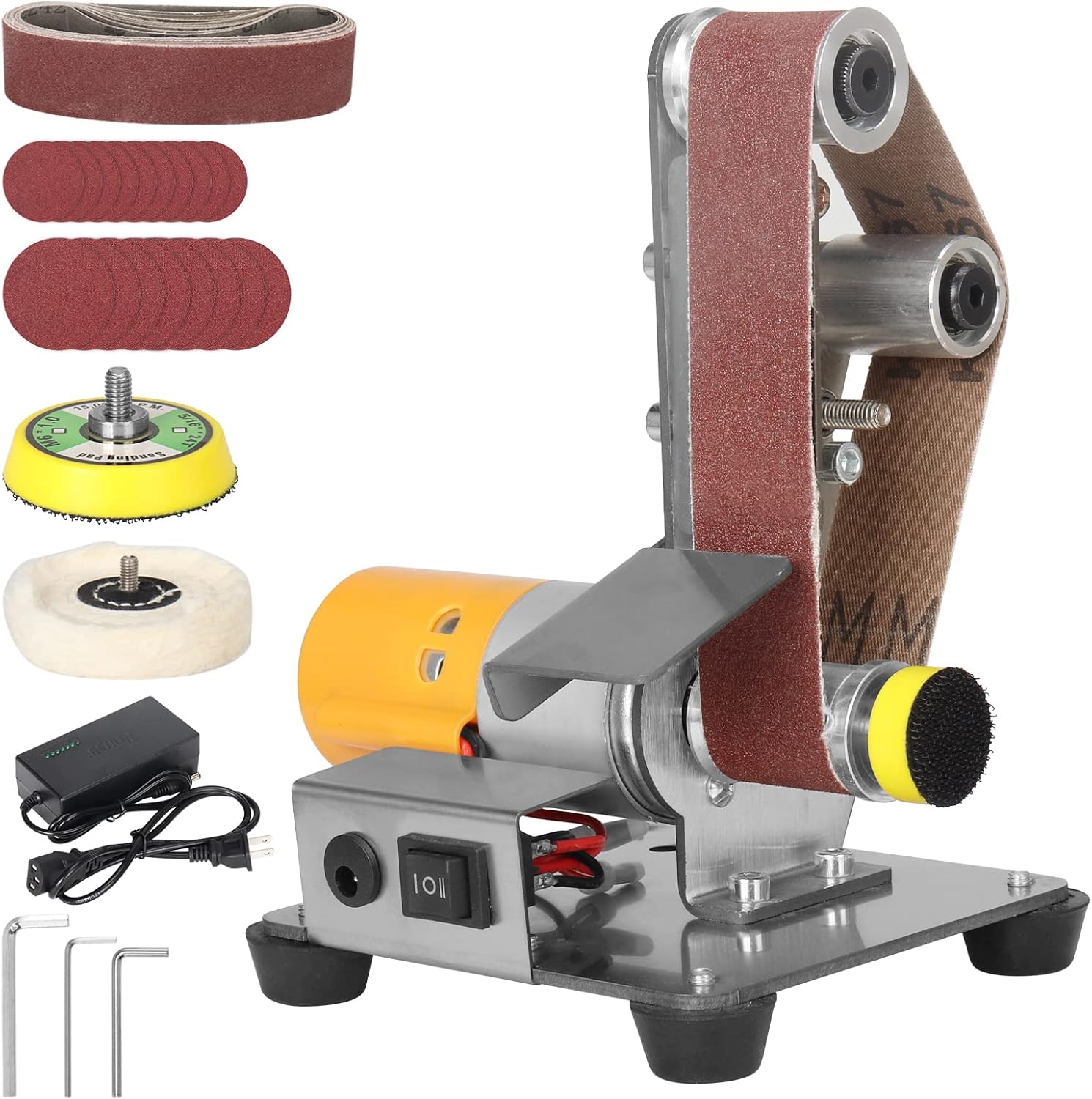 Electric Belt-Sander Adjustable Polishing-Grinding Sharpener - 7 Speed Mini Power Sanding Machine Bench Grinder 13x1.2inch Belts For Knife Sharpening, Model Crafts Jewelry DIY, Wood Metal Working