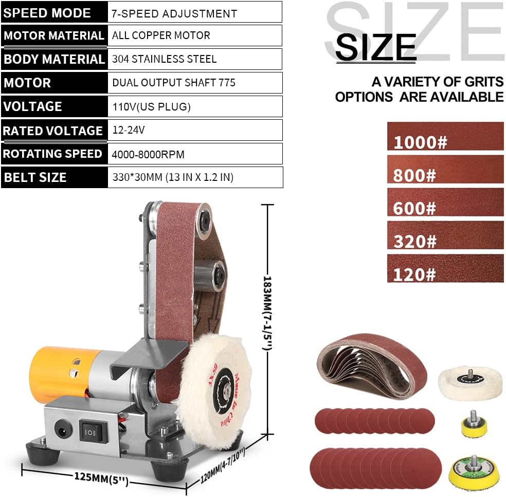 Electric Belt-Sander Adjustable Polishing-Grinding Sharpener - 7 Speed Mini Power Sanding Machine Bench Grinder 13x1.2inch Belts For Knife Sharpening, Model Crafts Jewelry DIY, Wood Metal Working