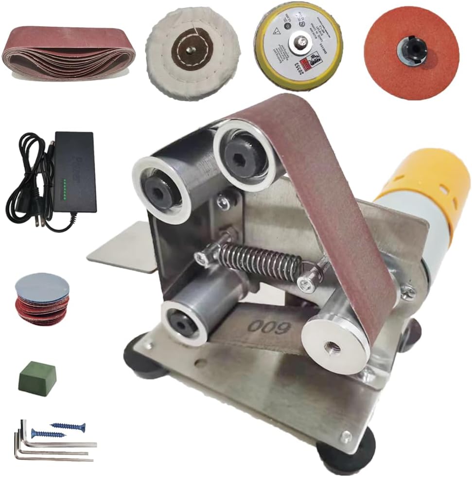 Electric Mini Belt Sander Polishing-Grinding Sharpener, 13 x 1.2inch Power 7 Adjustable Speed Multifunctional Mini Bench Belt Grinder Kit for Metal Knife Wood Polishing