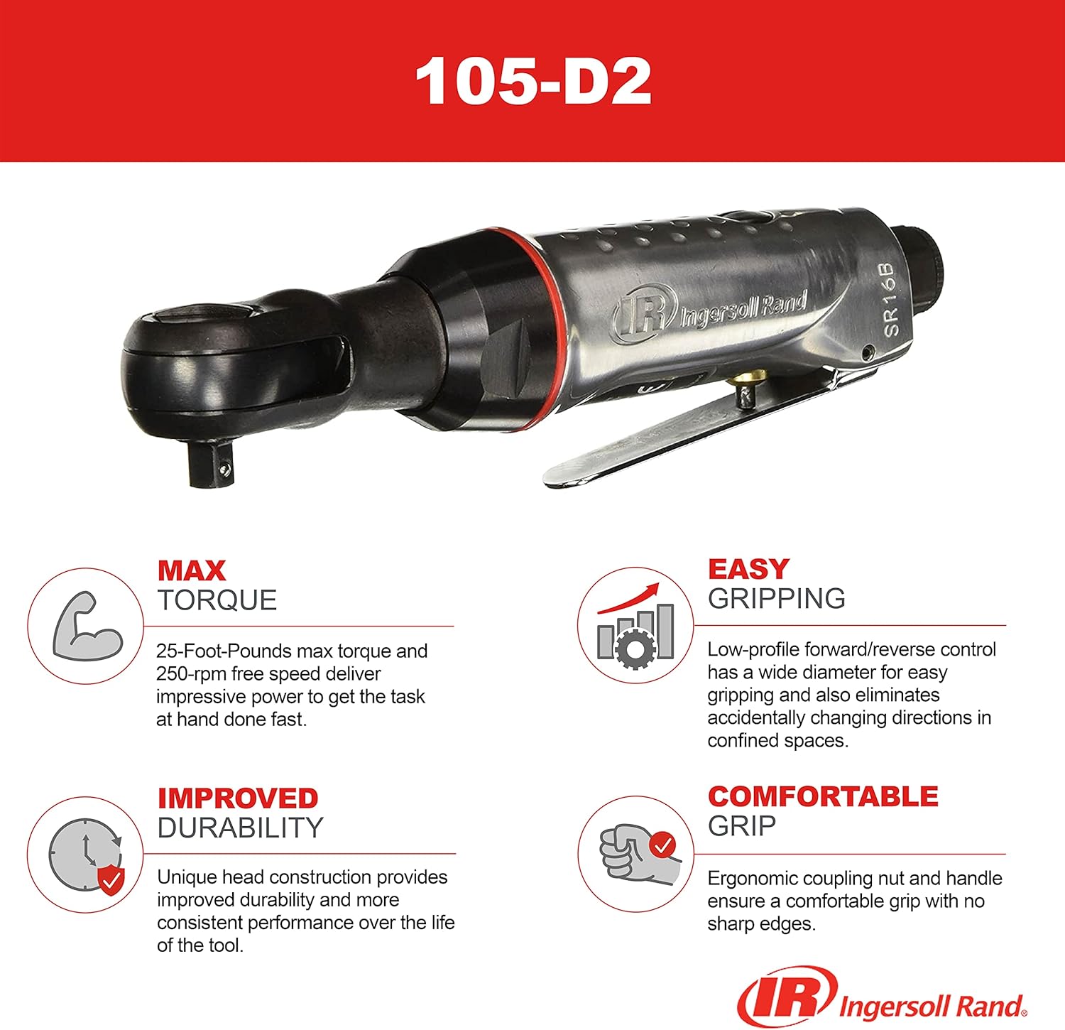 Ingersoll Rand 105-D2 1/4 Air Ratchet Wrench, 25 ft-lb Torque, 250 RPM