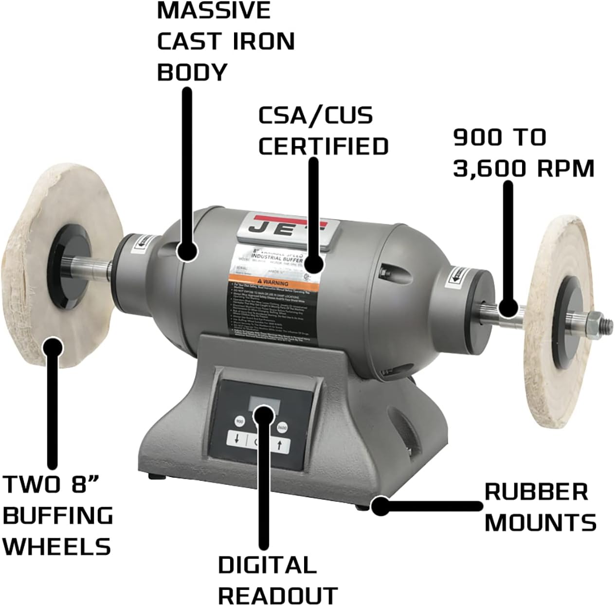 JET 8-Inch Variable-Speed Industrial Buffer, 1 HP, 1Ph 115/230V (Model IBG-8VSB)