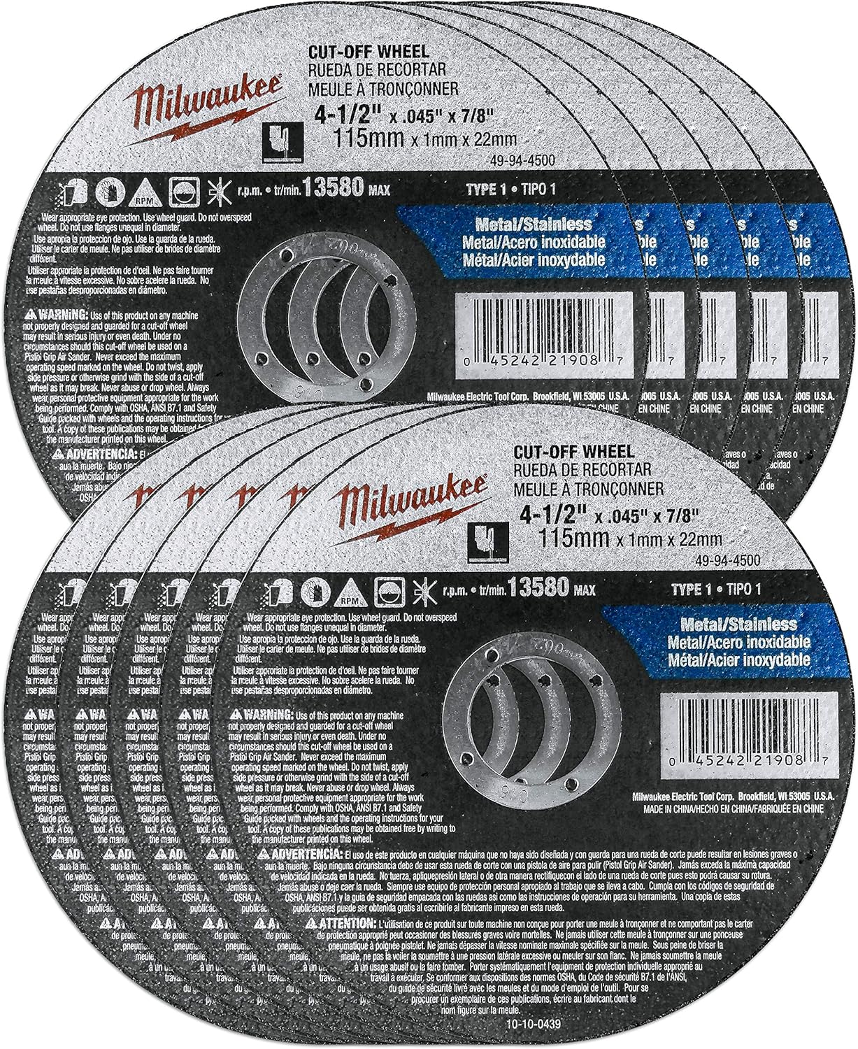 Milwaukee 10 Pack - 4 1 2 Cutting Wheels For Grinders - Aggressive Cutting For Metal  Stainless Steel - 4-1/2 x .045 x 7/8-Inch | Flat Cut Off Wheels