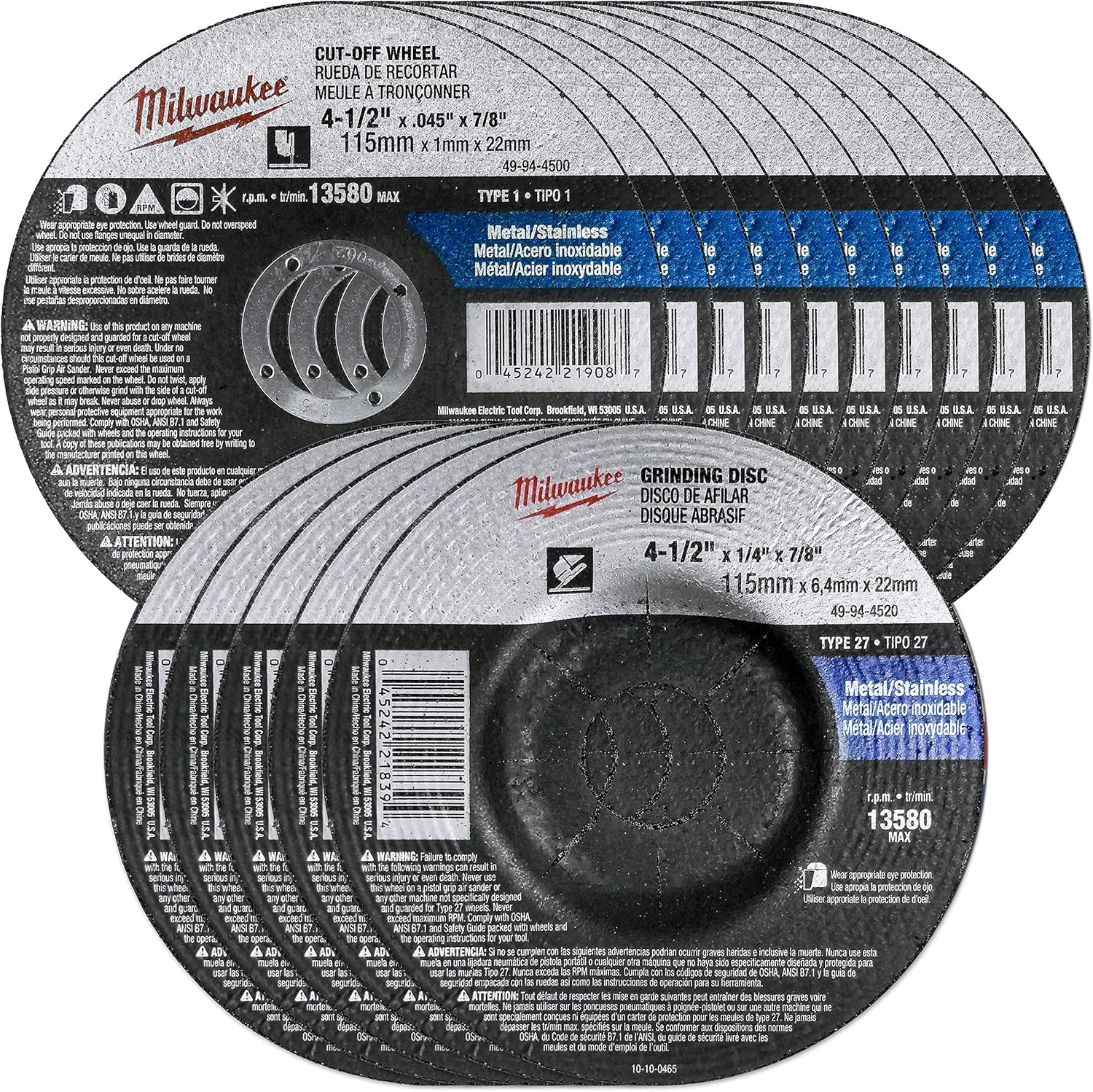 Milwaukee 15 Multi-Piece - 4.5 Grinding  Cut Off Wheel Set for Grinders - Aggressive Grind  Cut for Metal  Stainless Steel