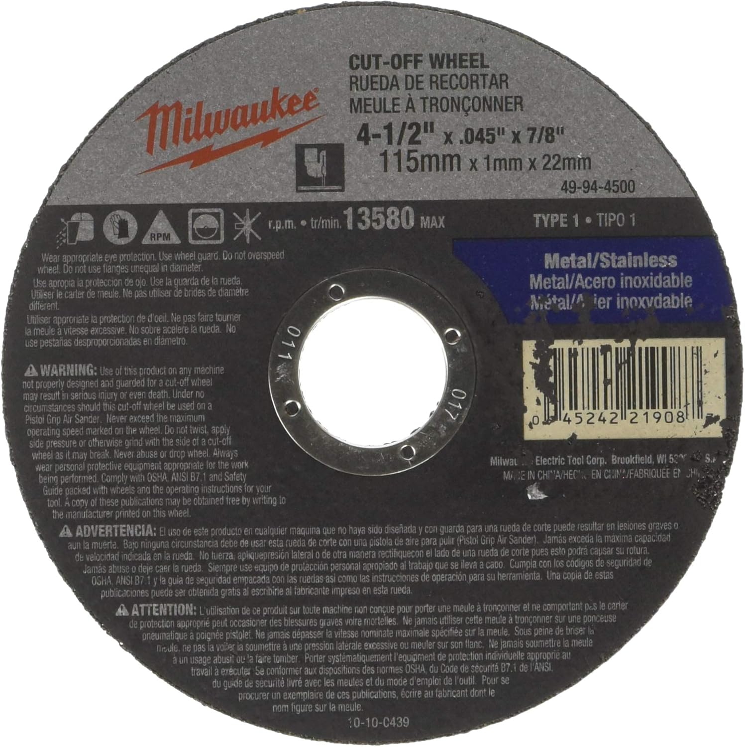 Milwaukee 49-94-4500 Cut-Off Wheel 4-1/2 in. x .045 in. x 7/8 in. (Type 1)