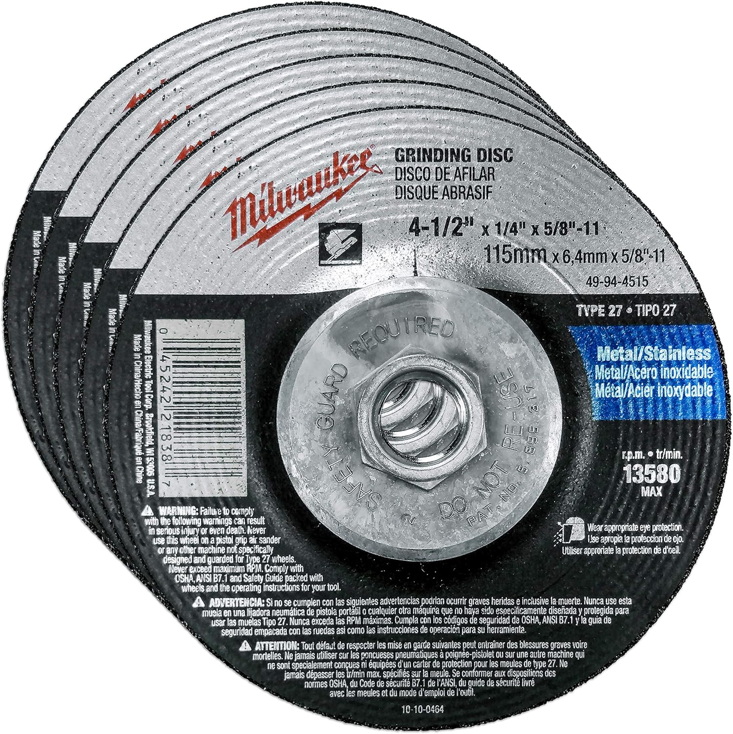 Milwaukee 5 Pack - 4 1 2 Hubbed Grinding Wheel for Grinders - Aggressive Grinding for Metal  Stainless Steel - 4-1/2 x 1/4 x 5/8-Inch | 11 UNC | Depressed
