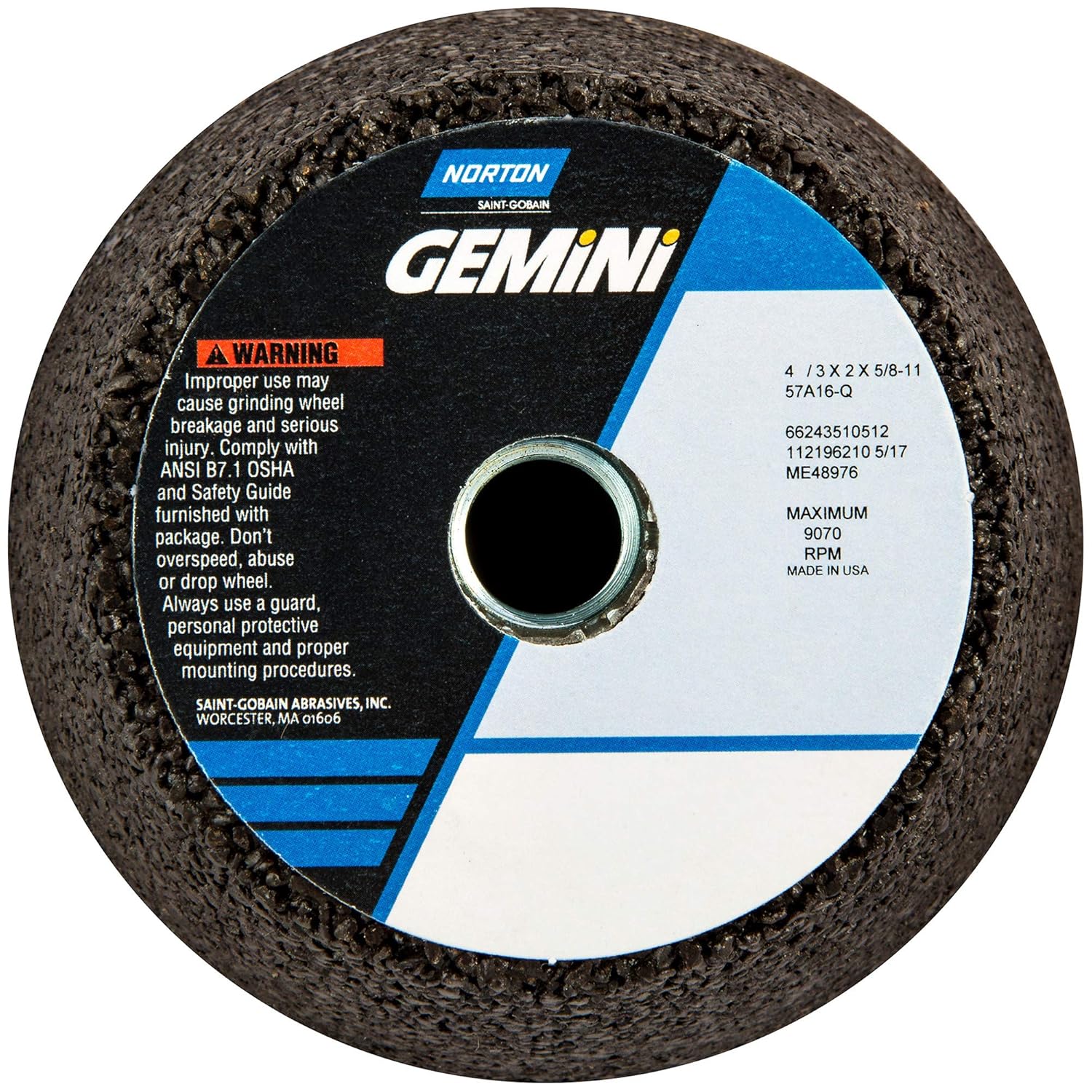 Norton Gemini Portable Snagging Abrasive Wheel, Type 11 Flaring Cup, 5/8-11 Hole Diameter, Aluminum Oxide, 4/3 Diameter x 2 Thickness, Grit 16 (Pack of 1)