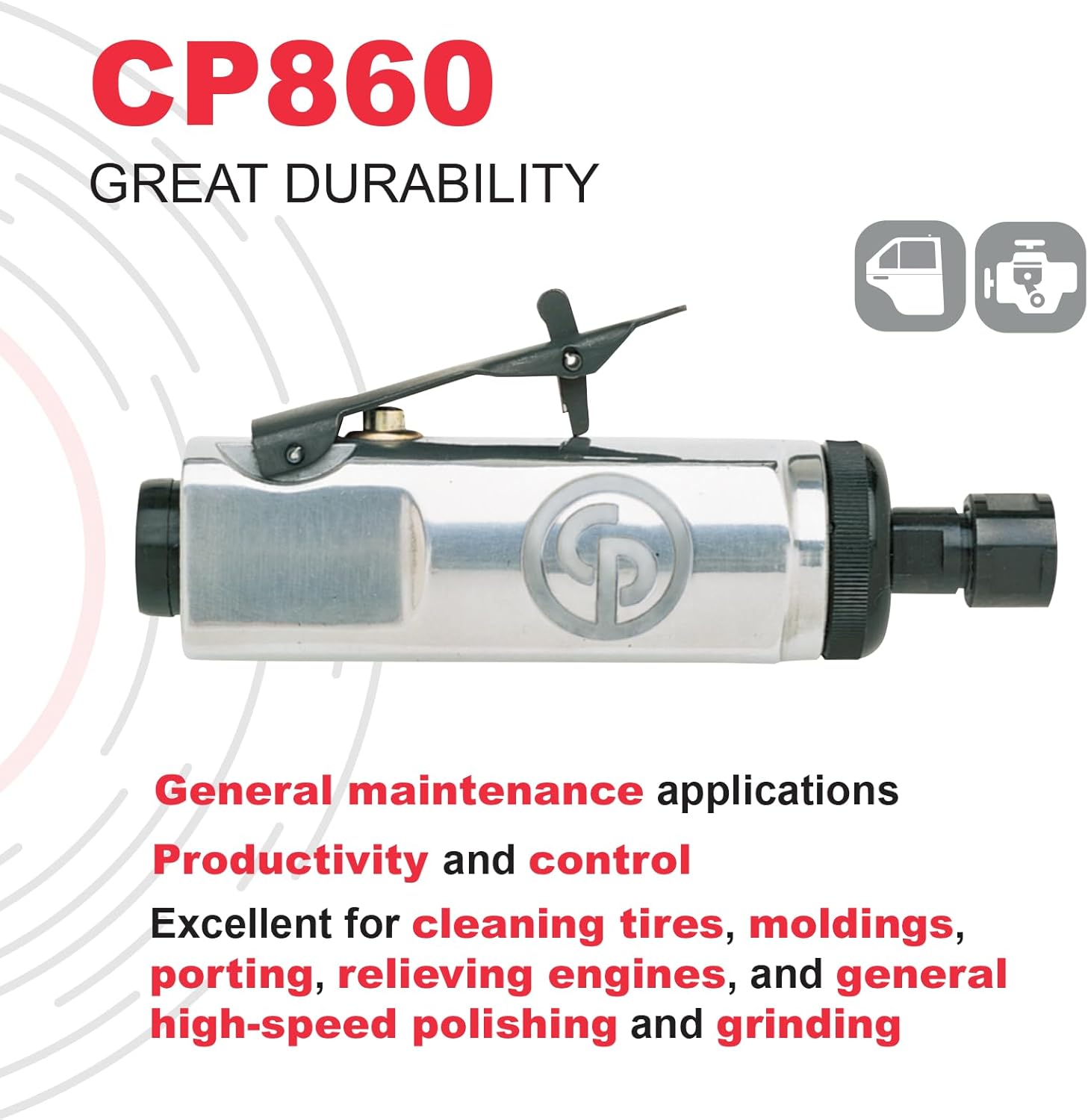 Chicago Pneumatic CP860 - Air Die Grinder Tool, Welder, Woodworking, Automotive Car Detailing, Stainless Steel Polisher, Heavy Duty, Straight, 1/4 Inch (6 mm), 0.54 HP / 400 W - 24000 RPM