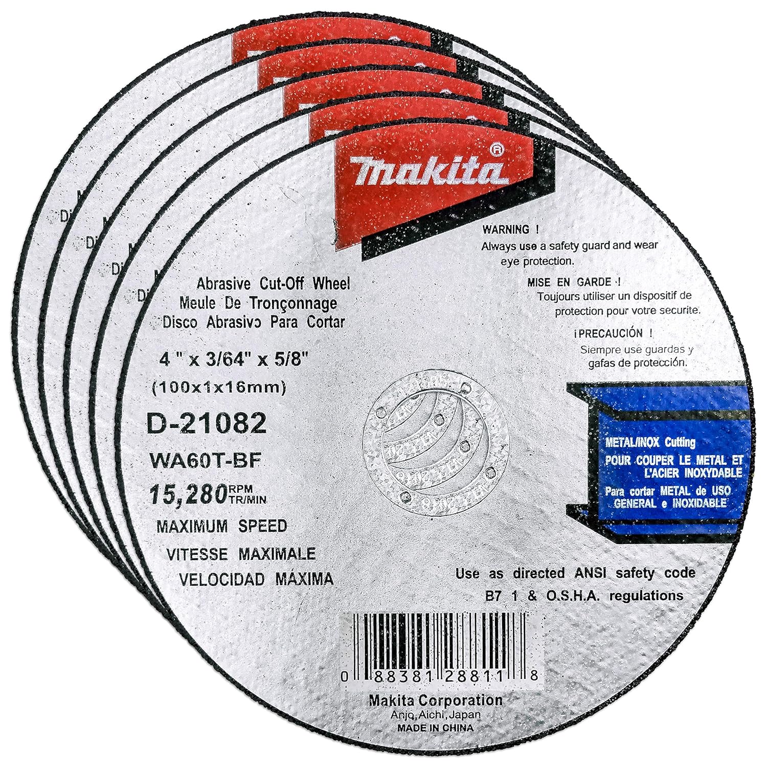 Makita 5 Pack - 4 Inch Cut Off Wheels For 4 Grinders - Aggressive Cutting For Metal  Stainless Steel - 4 x .045 x 5/8