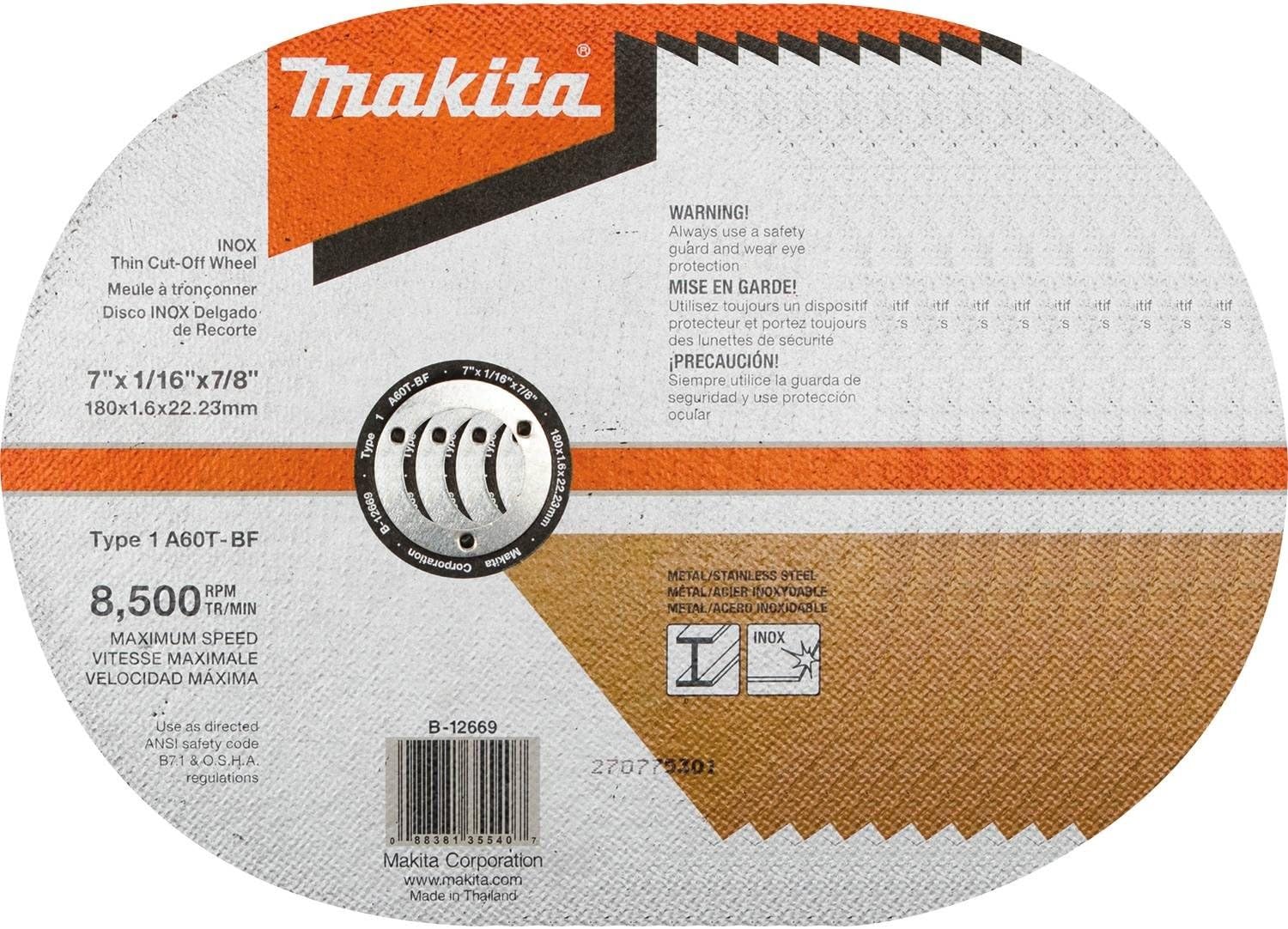 Makita B-12669-10 7 x 1/16 x 7/8 INOX Thin Cut-Off Wheel, 60 Grit, 10/Pk