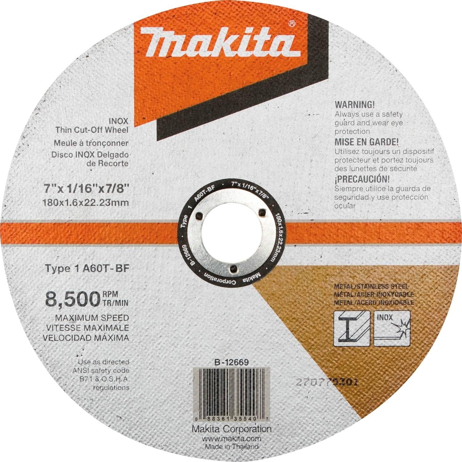 Makita B-12669 7 x 1/16 x 7/8 INOX Thin Cut-Off Wheel, 60 Grit