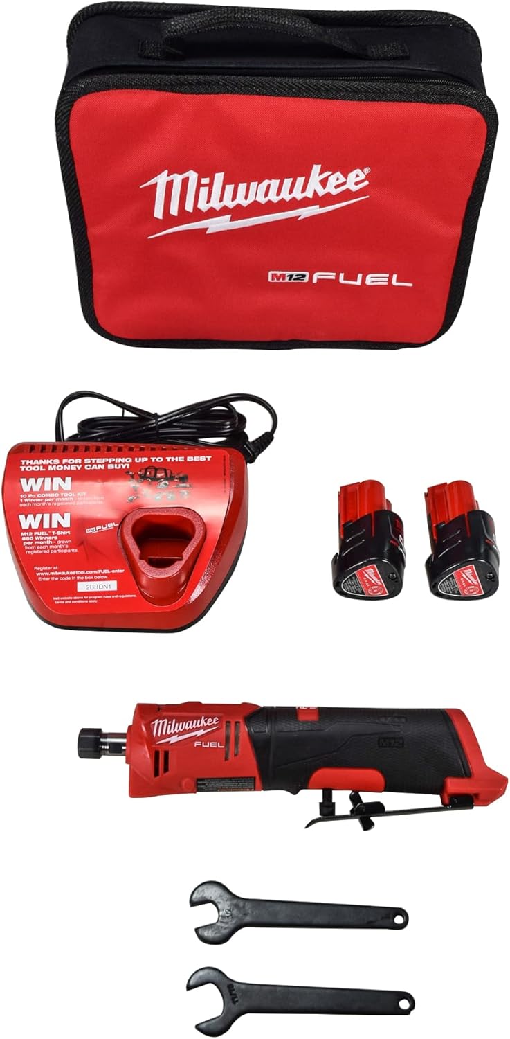 Milwaukee 2486-22 M12 FUEL 12V Straight DieGrinder Kit with (2) 2.0Ah Battery, Charger  Tool Bag