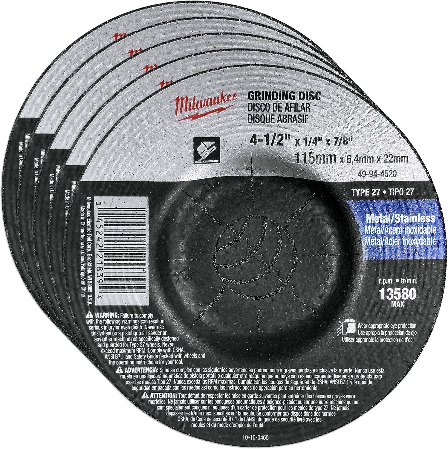 Milwaukee 5 Pack - 4 1 2 Grinding Wheel For Grinders - Aggressive Grinding For Metal  Stainless Steel - 4-1/2 x 1/4 x 7/8-Inch | Depressed