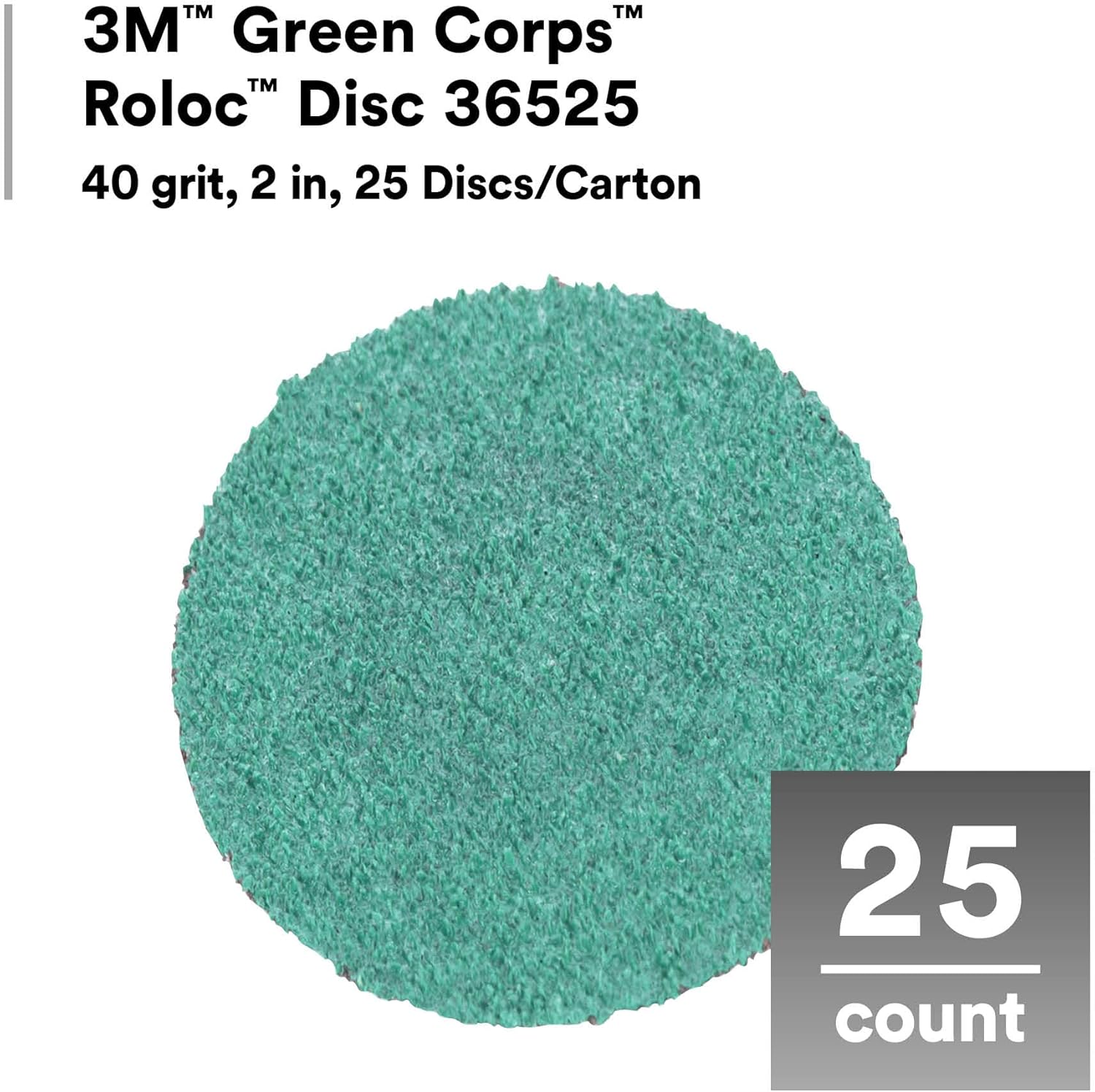 3M Green Corps Roloc Disc 36525, 40+ Grit, 2 in, Pack of 25 Heavy Duty, Quick Change Discs for Grinding, Coating Removal, Fast Cutting