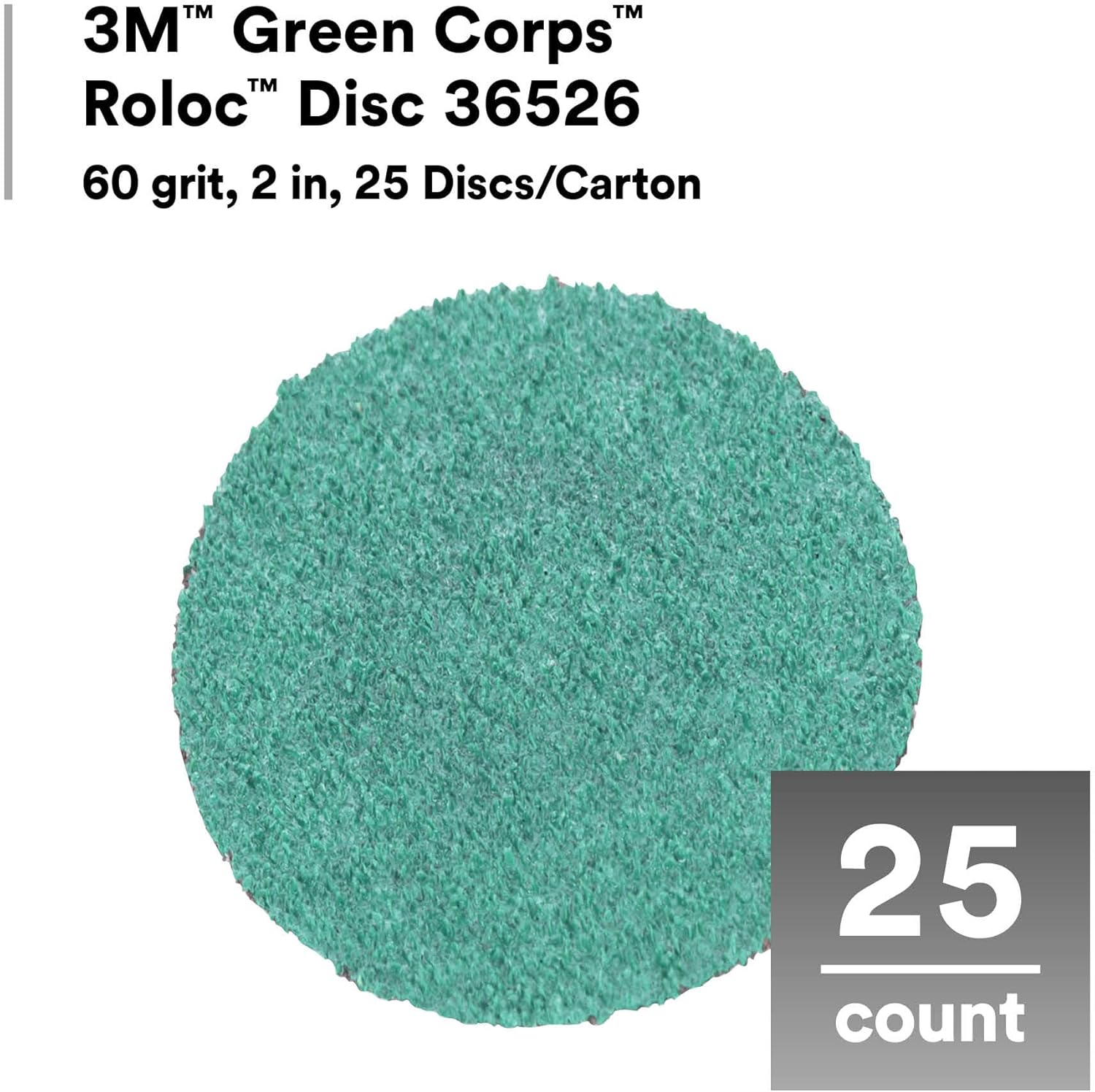 3M Green Corps Roloc Disc 36527, 80+ Grit, 2 in, Pack of 25 Heavy Duty, Quick Change Discs for Grinding, Coating Removal, Fast Cutting