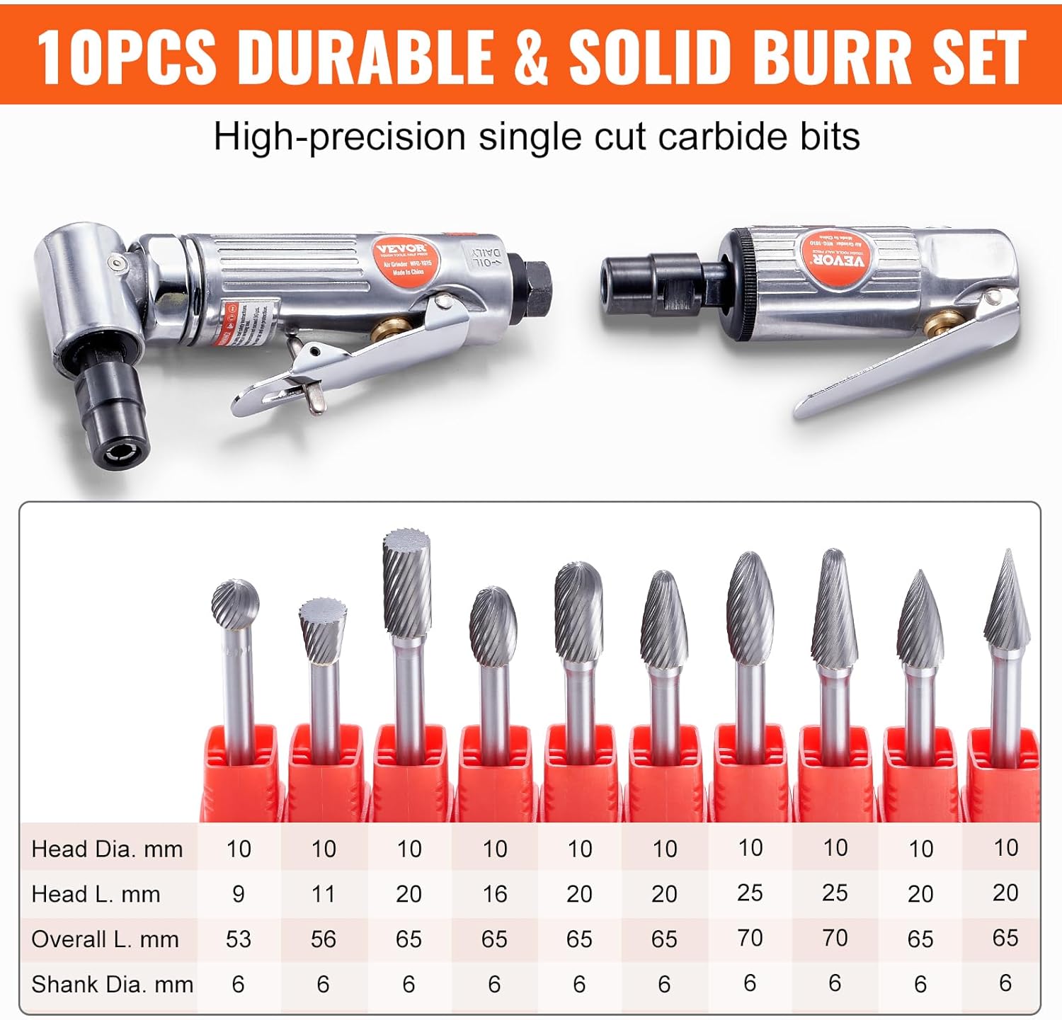 VEVOR Air Die Grinder Kit, Right Angle Grinder w/Die Grinder Combo  10PCS Single Cut Carbide Burr Set, Lightweight, Ball Bearing Construction for Grinding, Deburring, Cutting, Polishing