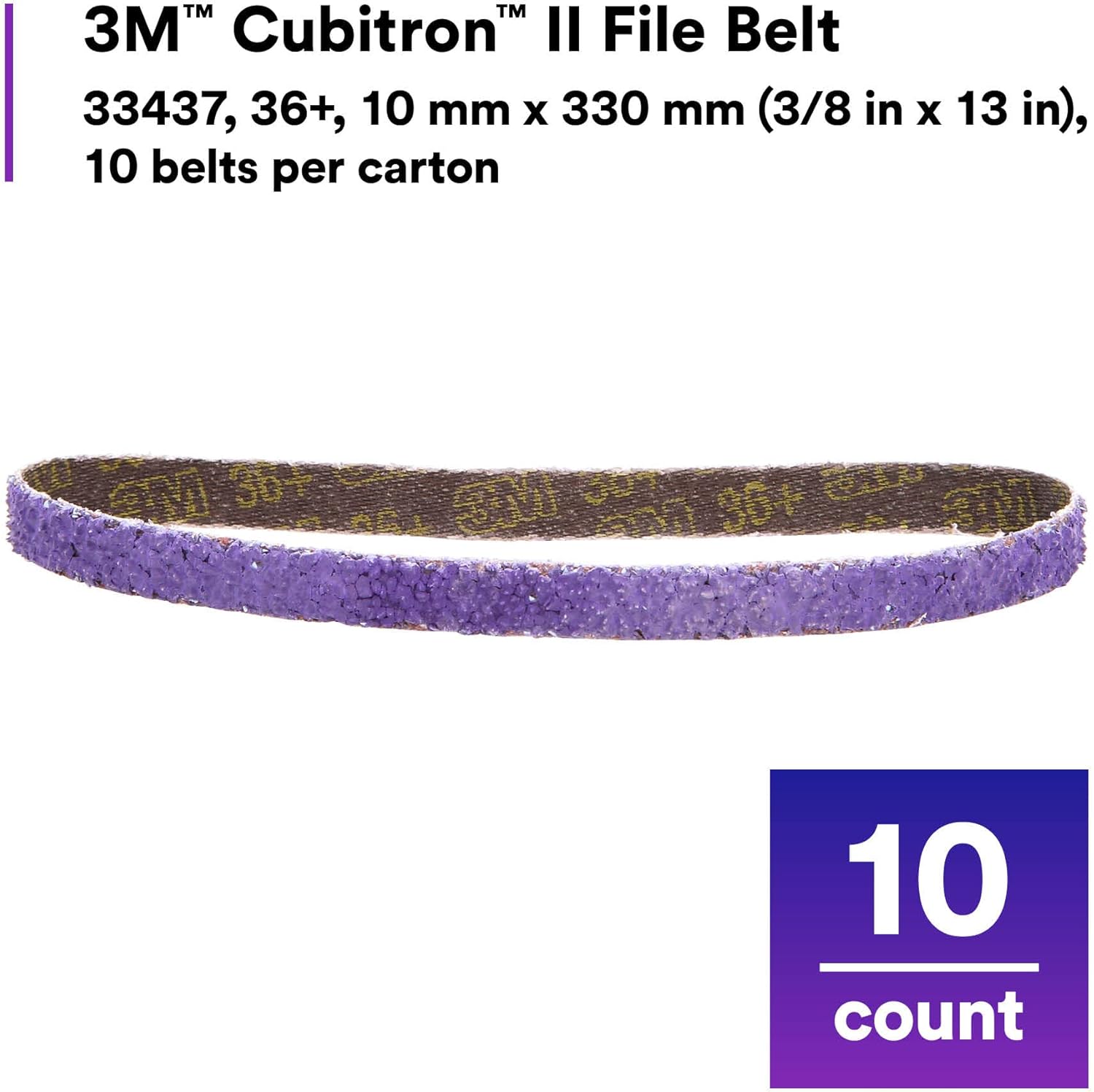 3M Cubitron II File Belt, 33437, 36+ Grit, 3/8 in x 13 in, Pack of 10 File Belts, Resin Bonded, Spot Weld Removal