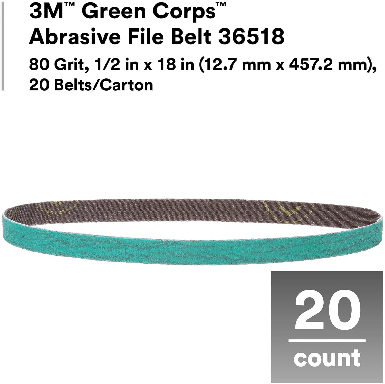 3M Green Corps Abrasive File Belt 36518, 80 Grit, Spot Weld Removal, Resin Bonded, 1/2 in x 18 in (12.7 mm x 457.2 mm), 20 Belts/Carton