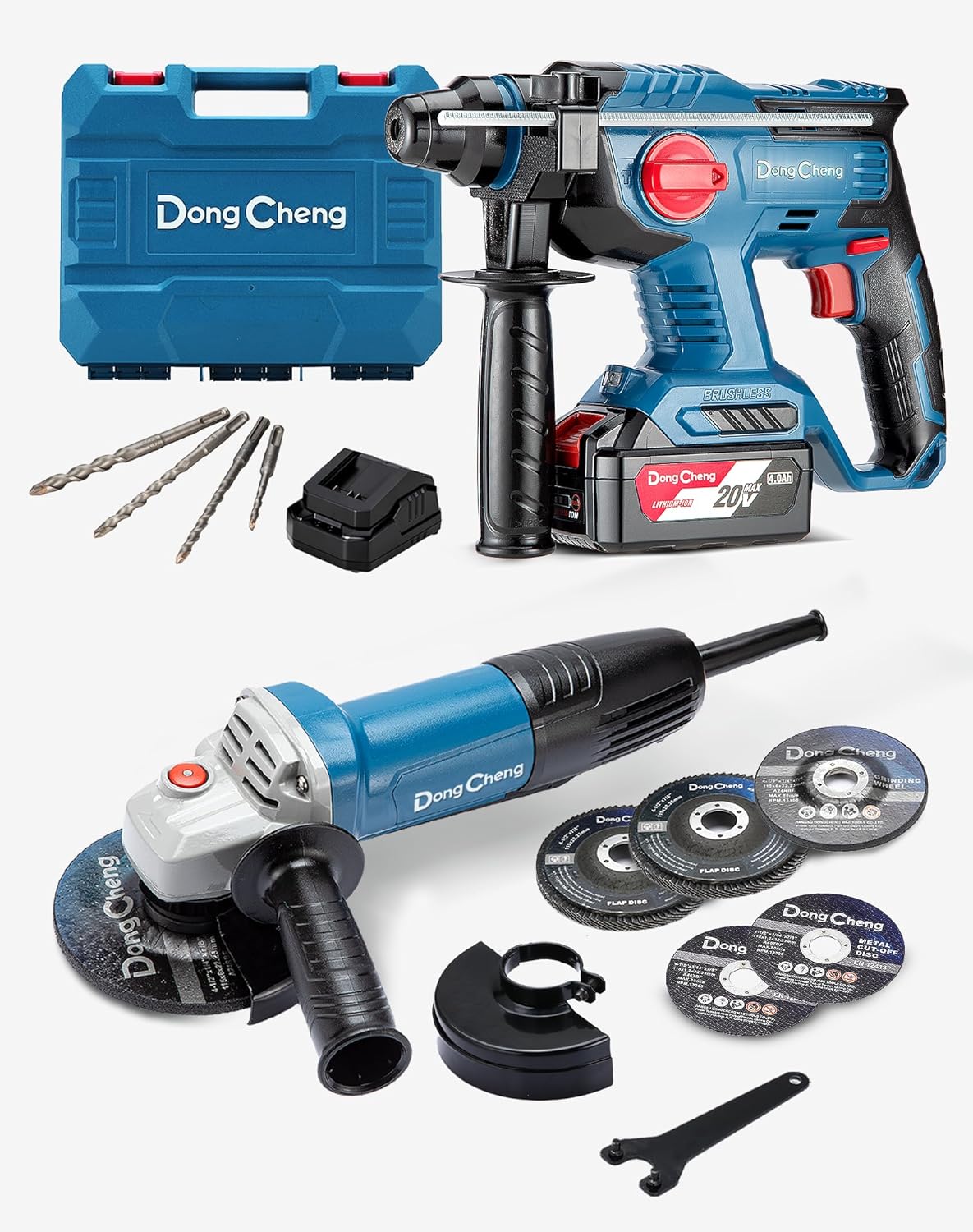 DongCheng 20V MAX Cordless Rotary Hammer Drill 7/8 Inch SDS-Plus, 2.1J,4 Modes, and 4-1/2 Inch Electric Angle Grinder with Paddle Switch, 6.7-Amp 11800RPM