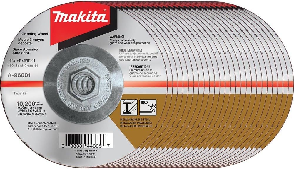 Makita A-96001-25 6 x 1/4 x 5/8-11 Hubbed INOX Grinding Wheel, 36 Grit, 25/pk