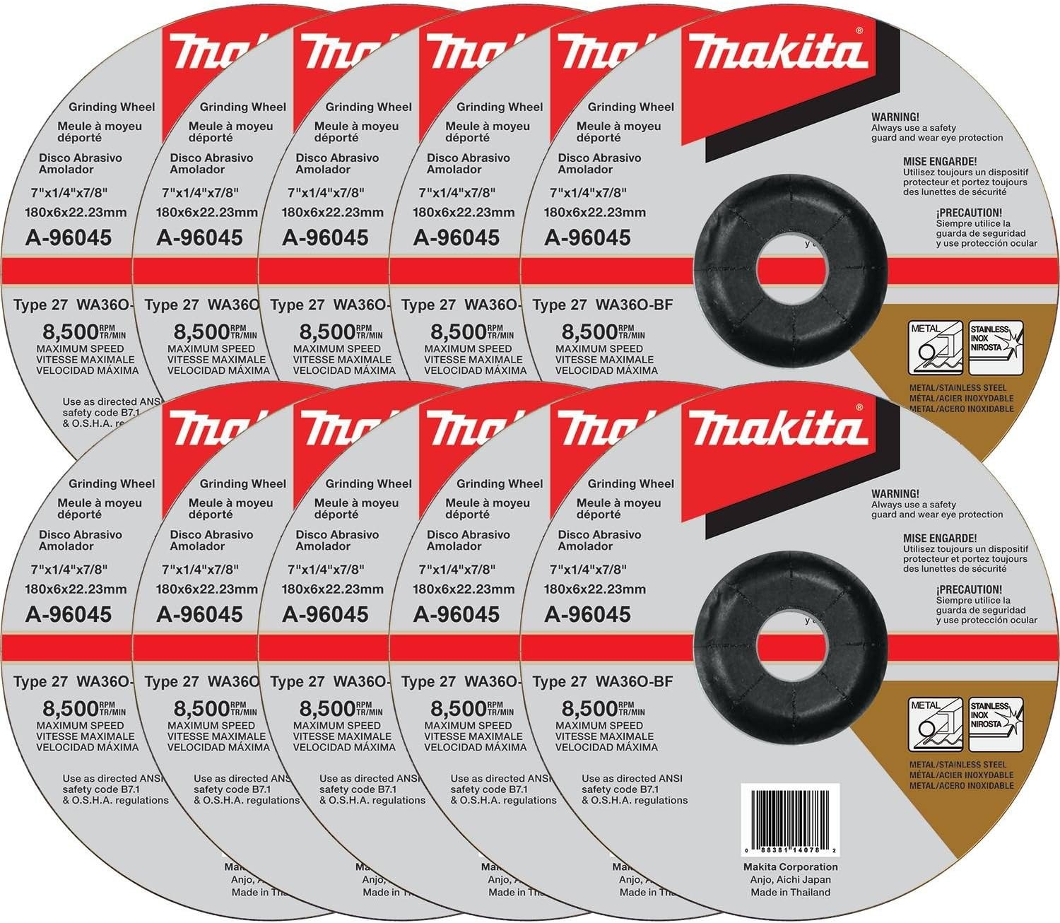 Makita A-96045-10 7 x 1/4 x 7/8 INOX Grinding Wheel, 36 Grit, 10/pk