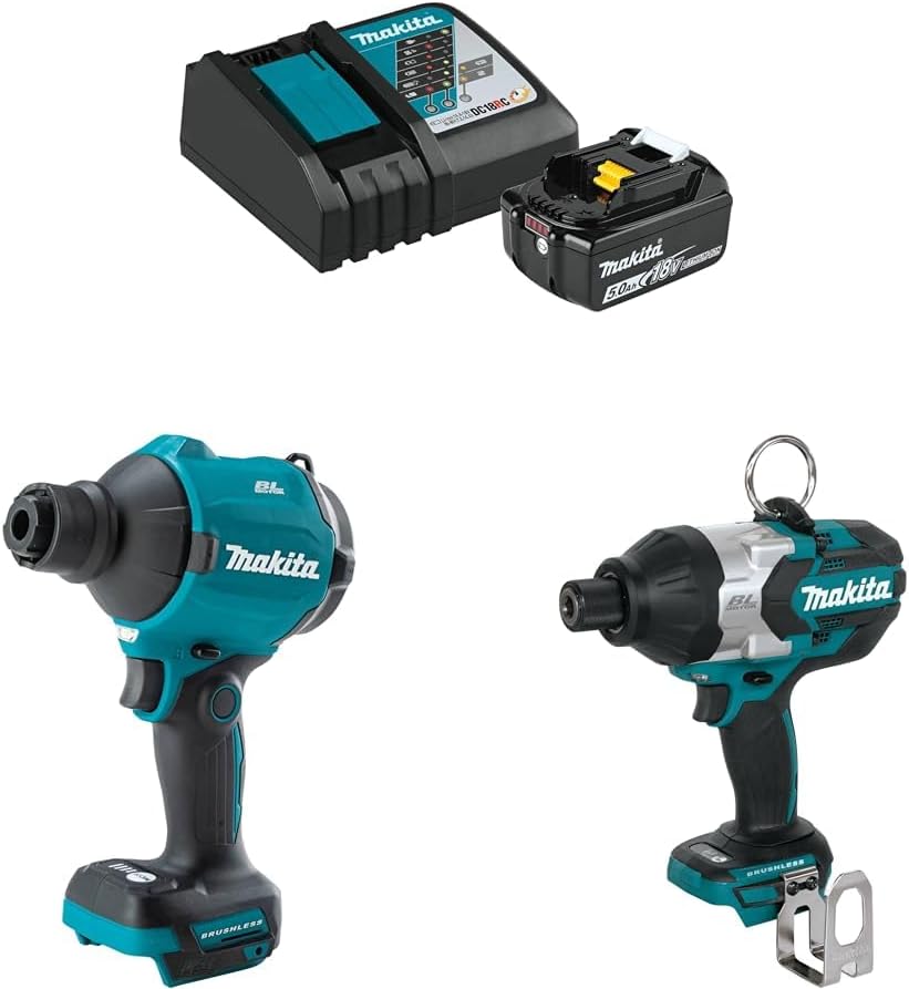 Makita XSA01Z 18V LXT® Brushless High Speed Blower/Inflator  XAG11Z 18V LXT® Brushless 4-1/2 / 5 Cut-Off/Angle Grinder with BL1850BDC1 18V LXT Lithium-Ion Battery and Charger Starter Pack (5.0Ah)