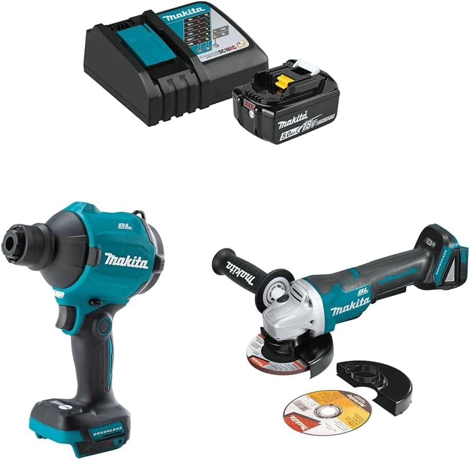Makita XSA01Z 18V LXT® Brushless High Speed Blower/Inflator  XAG11Z 18V LXT® Brushless 4-1/2 / 5 Cut-Off/Angle Grinder with BL1850BDC1 18V LXT Lithium-Ion Battery and Charger Starter Pack (5.0Ah)