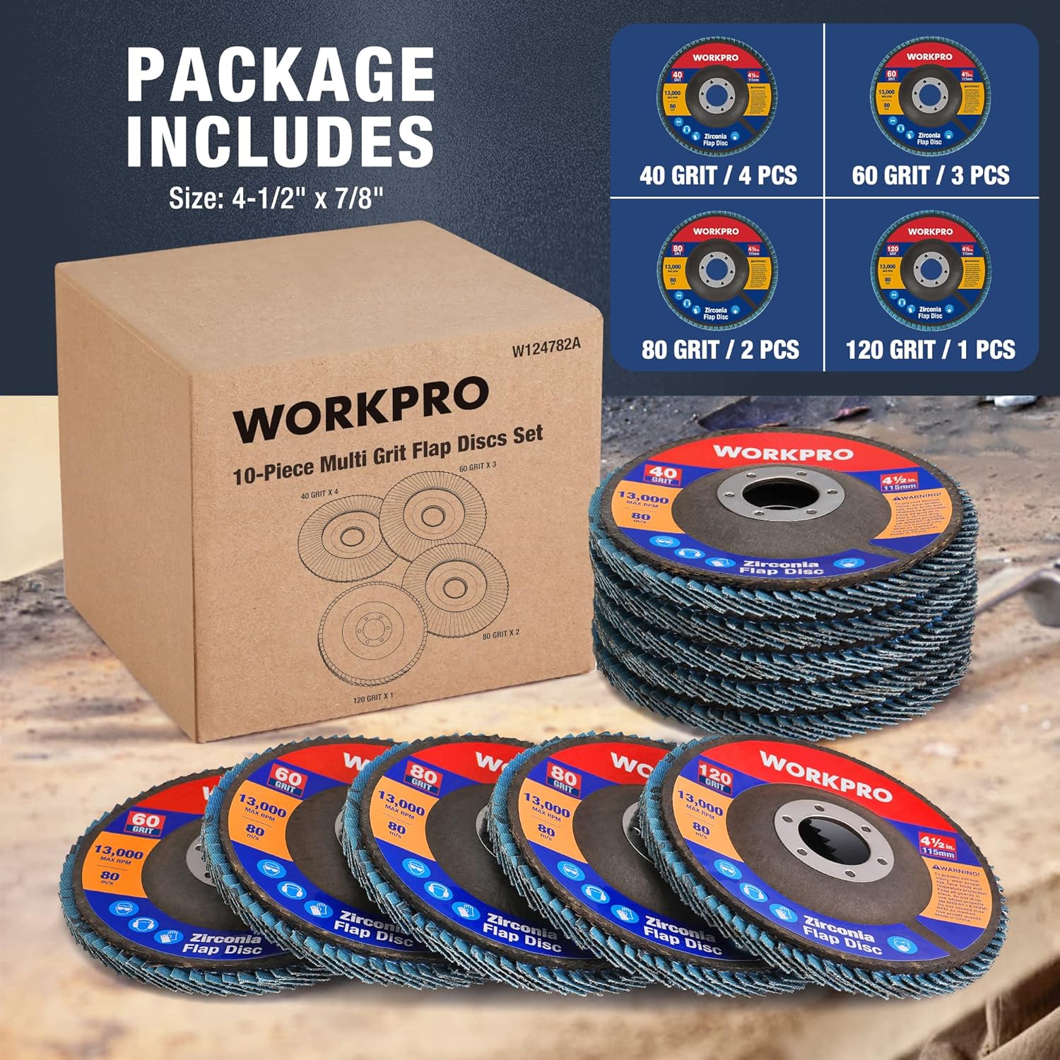 WORKPRO 20-Pack Flap Discs, 4-1/2-inch, Arbor Size 7/8-inch, T29 Zirconia Abrasive Grinding Wheel and Flap Sanding Disc, Includes 40/60/80/120 Grits