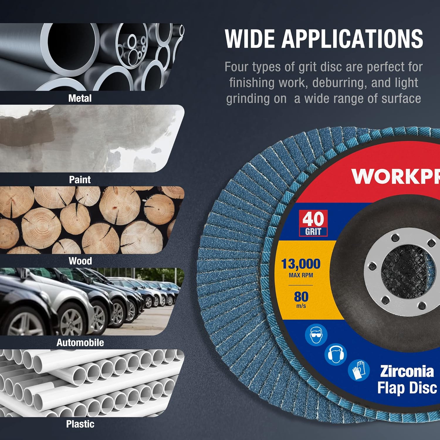 WORKPRO 20-Pack Flap Discs, 4-1/2-inch, Arbor Size 7/8-inch, T29 Zirconia Abrasive Grinding Wheel and Flap Sanding Disc, Includes 40/60/80/120 Grits