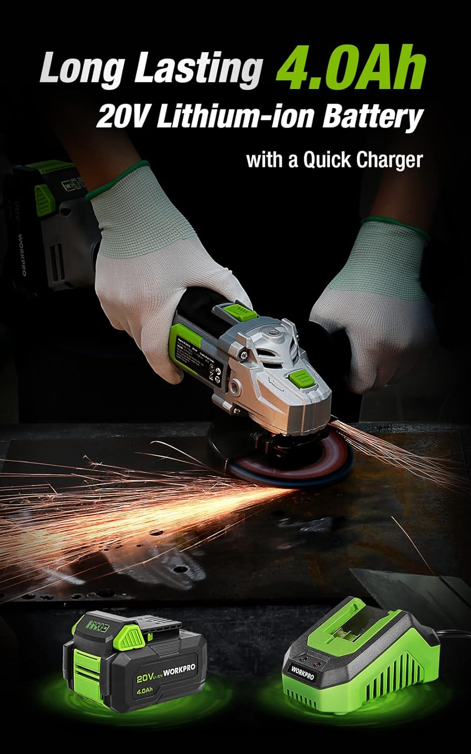 WORKPRO 20V Cordless Angle Grinder Kit, 4-1/2 Inch, Lightweight Angle Grinder Tool 4.0Ah Lithium-Ion Battery  Fast Charger, Ergonomic Button Position for Reducing Hand Pressure