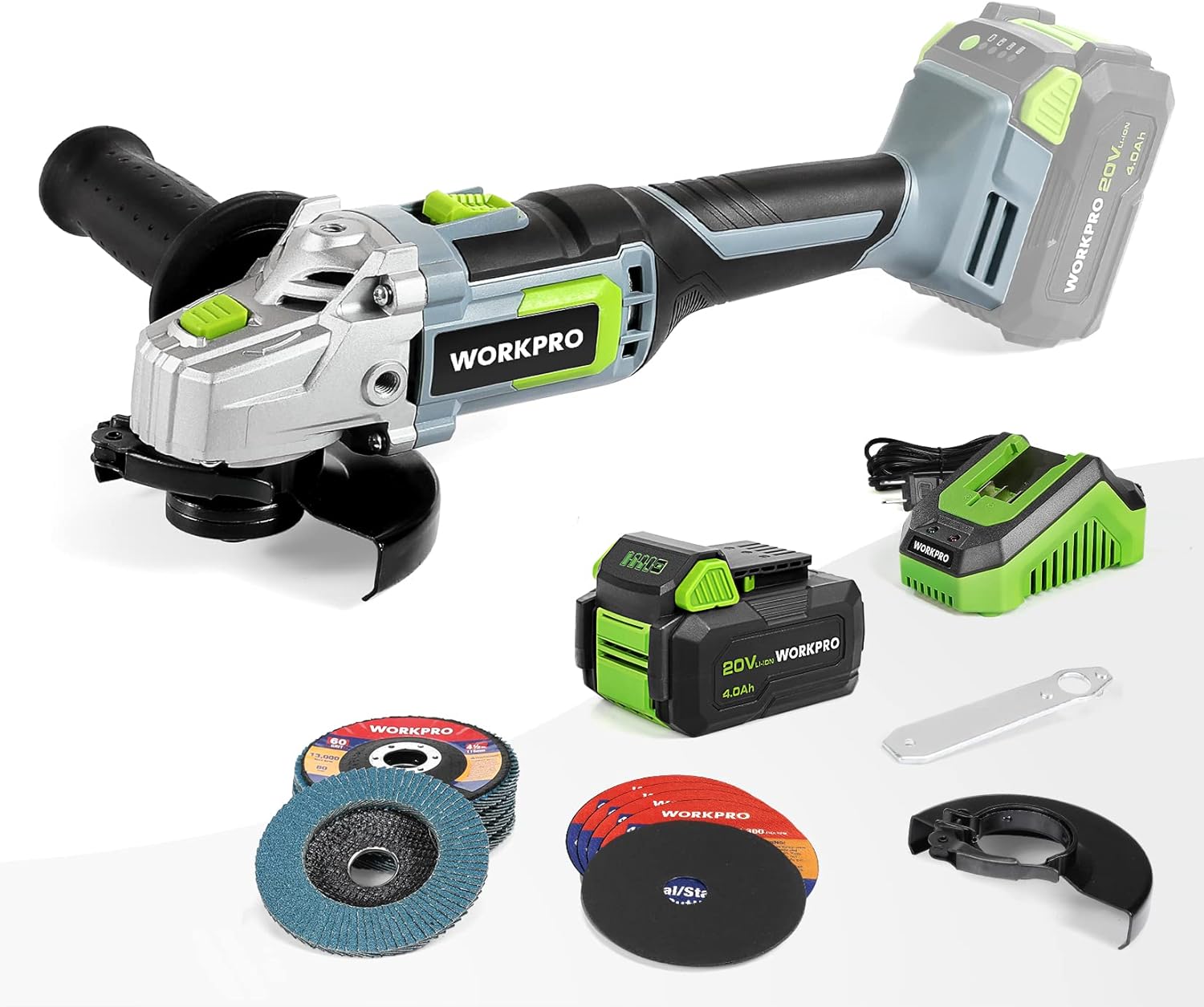 WORKPRO 20V Cordless Angle Grinder Kit, 4-1/2 Inch, Lightweight Angle Grinder Tool 4.0Ah Lithium-Ion Battery  Fast Charger, Ergonomic Button Position for Reducing Hand Pressure