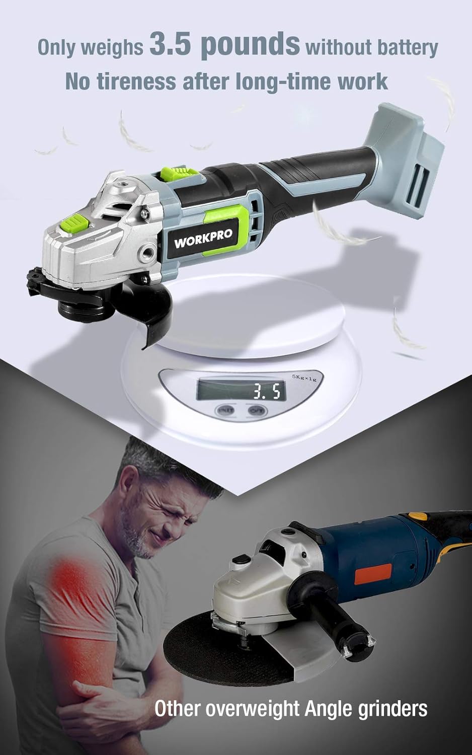 WORKPRO 20V Cordless Angle Grinder Kit, 4-1/2 Inch, Lightweight Angle Grinder Tool with 20V Cordless Drill/Driver Kit, 3/8”, 18+2 Torque Setting, Variable Speed