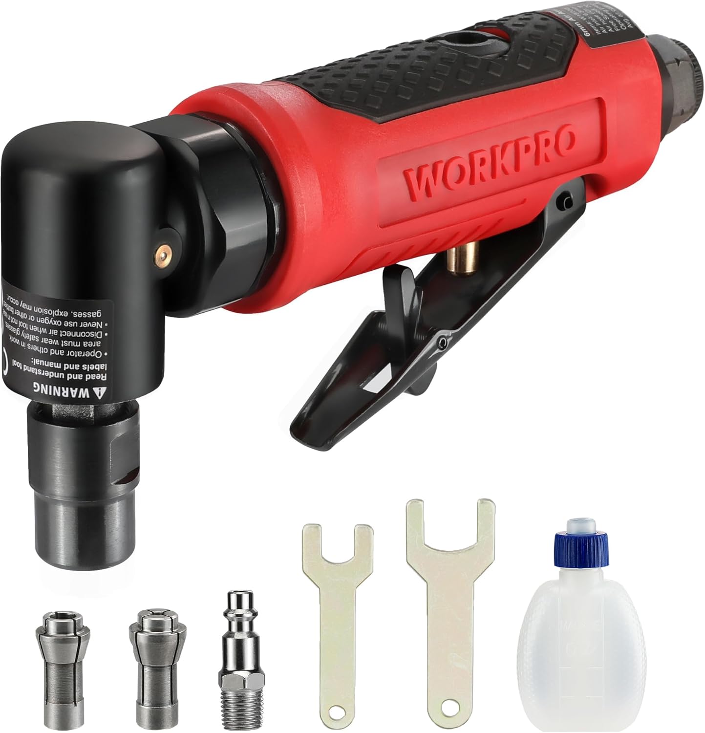 WORKPRO Air Angle Die Grinder, 1/4-Inch Pneumatic Right Angle Die Grinder, 20000RPM, Air-Powered 90 Degree for Grinding, Cutting, Polishing, Welding Repair, Deburring, 1/4  1/8 Collets Included