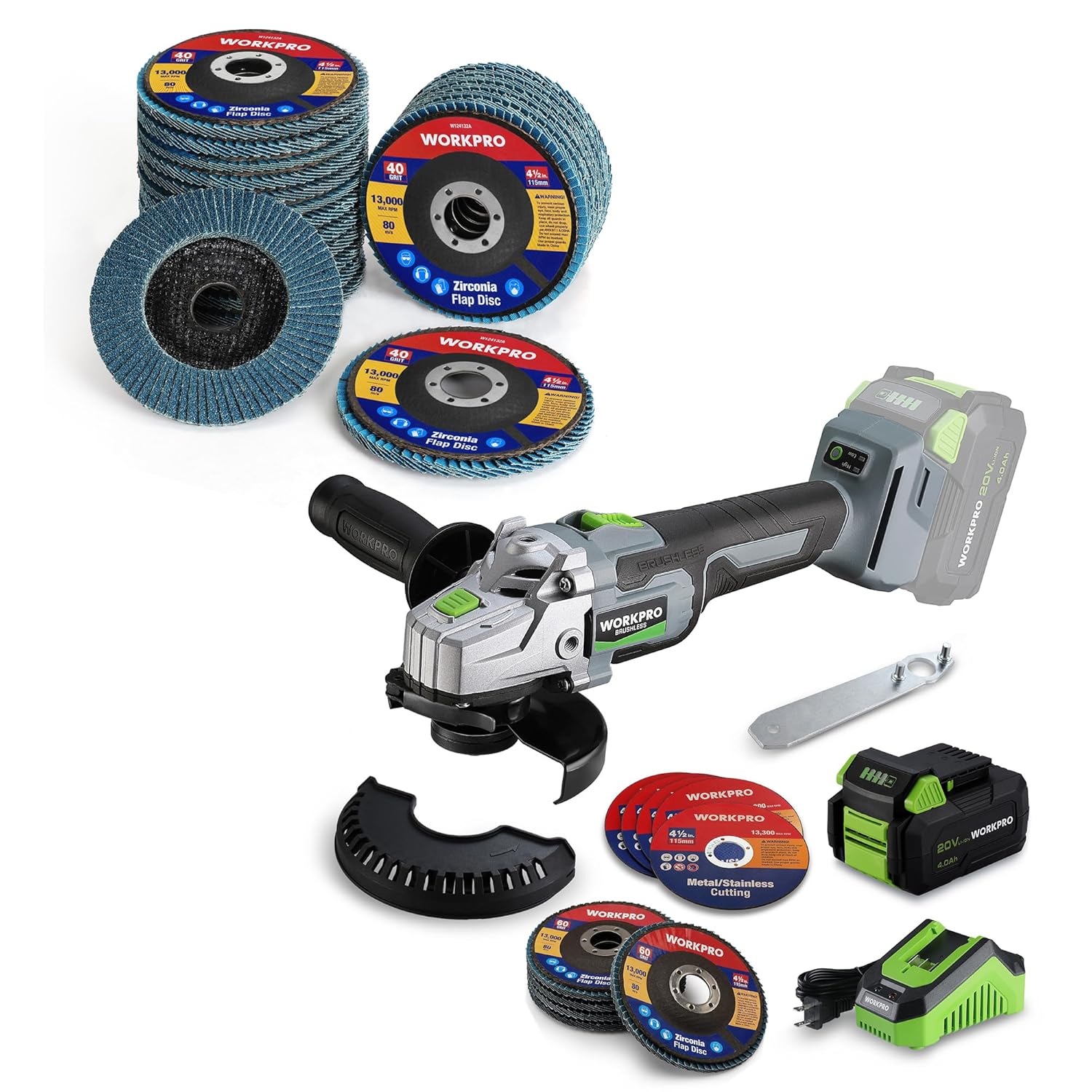 WORKPRO Cordless Angle Grinder, 20V Brushless Grinder with 4.0Ah Battery and Fast Charger, 4-1/2 Inch Dics