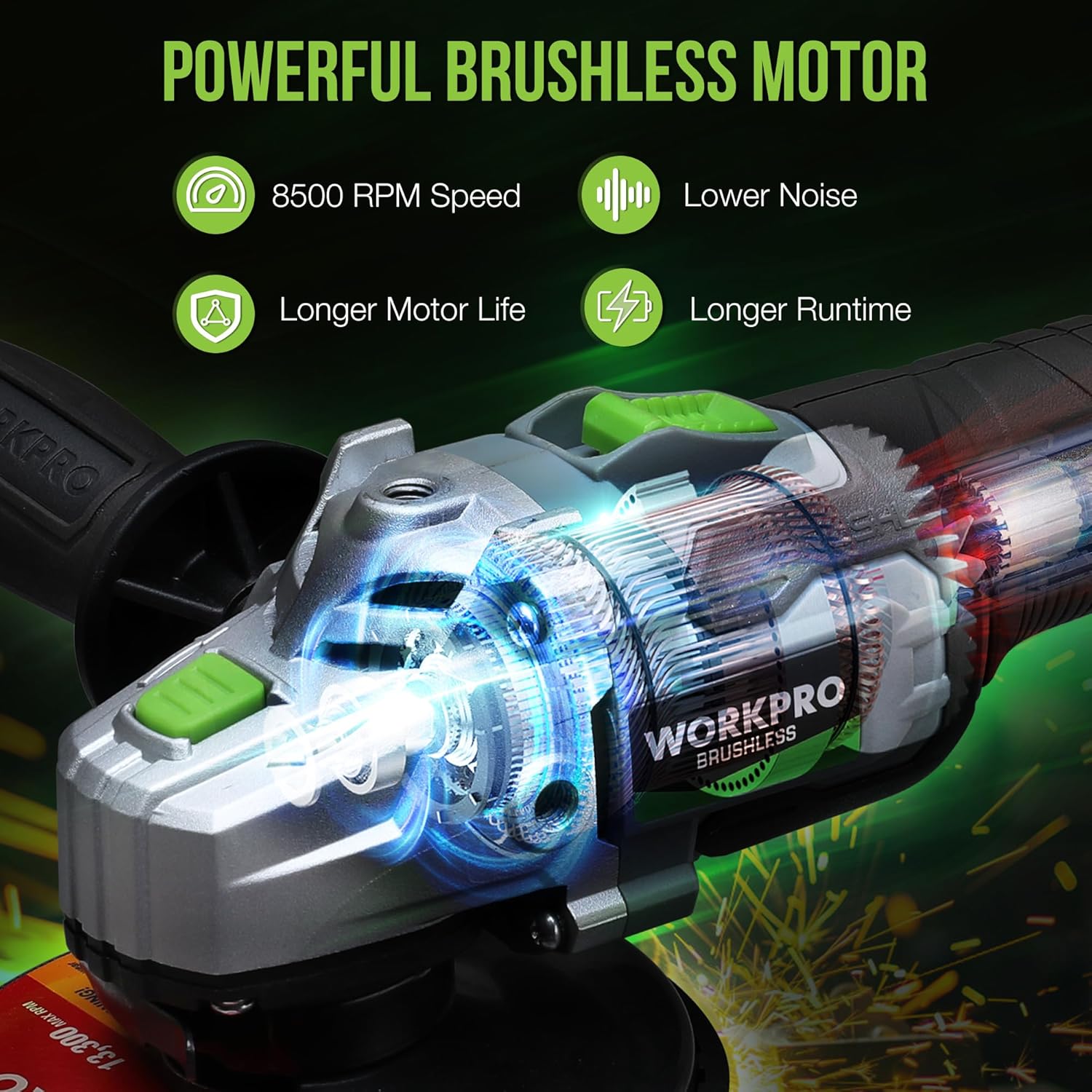 WORKPRO Cordless Angle Grinder, 20V Brushless Grinder with 4.0Ah Battery and Fast Charger, 4-1/2 Inch Dics