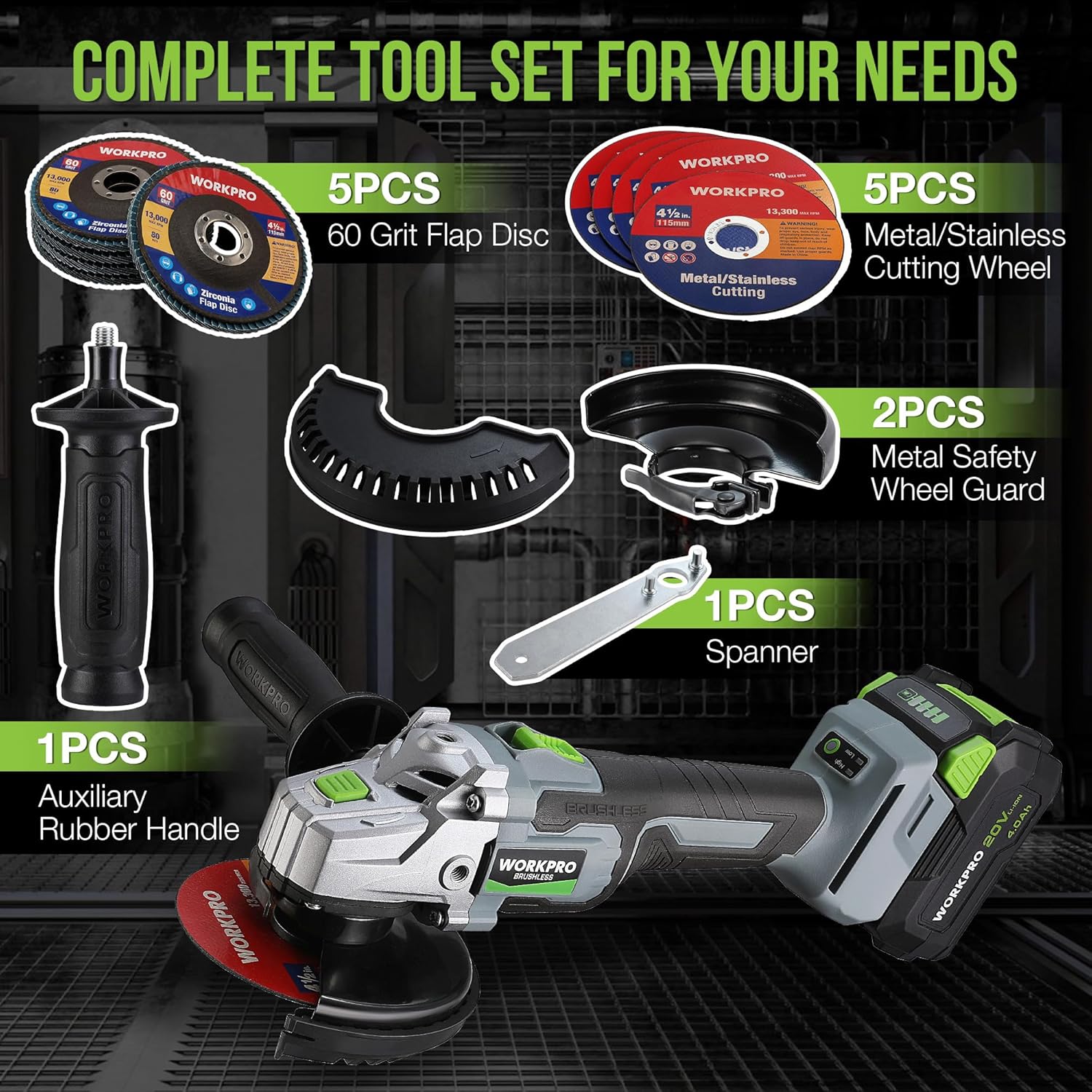 WORKPRO Cordless Angle Grinder, 20V Brushless Grinder with 4.0Ah Battery and Fast Charger, 4-1/2 Inch Dics