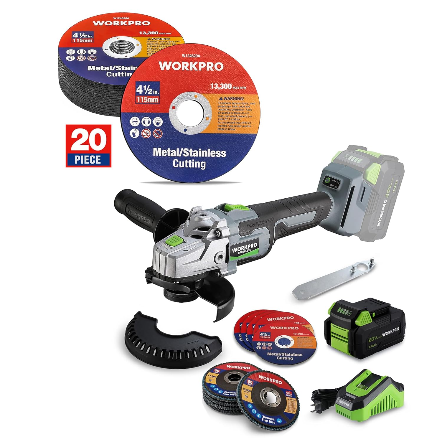 WORKPRO Cordless Angle Grinder, 20V Brushless Grinder with 4.0Ah Battery and Fast Charger, 4-1/2 Inch Dics