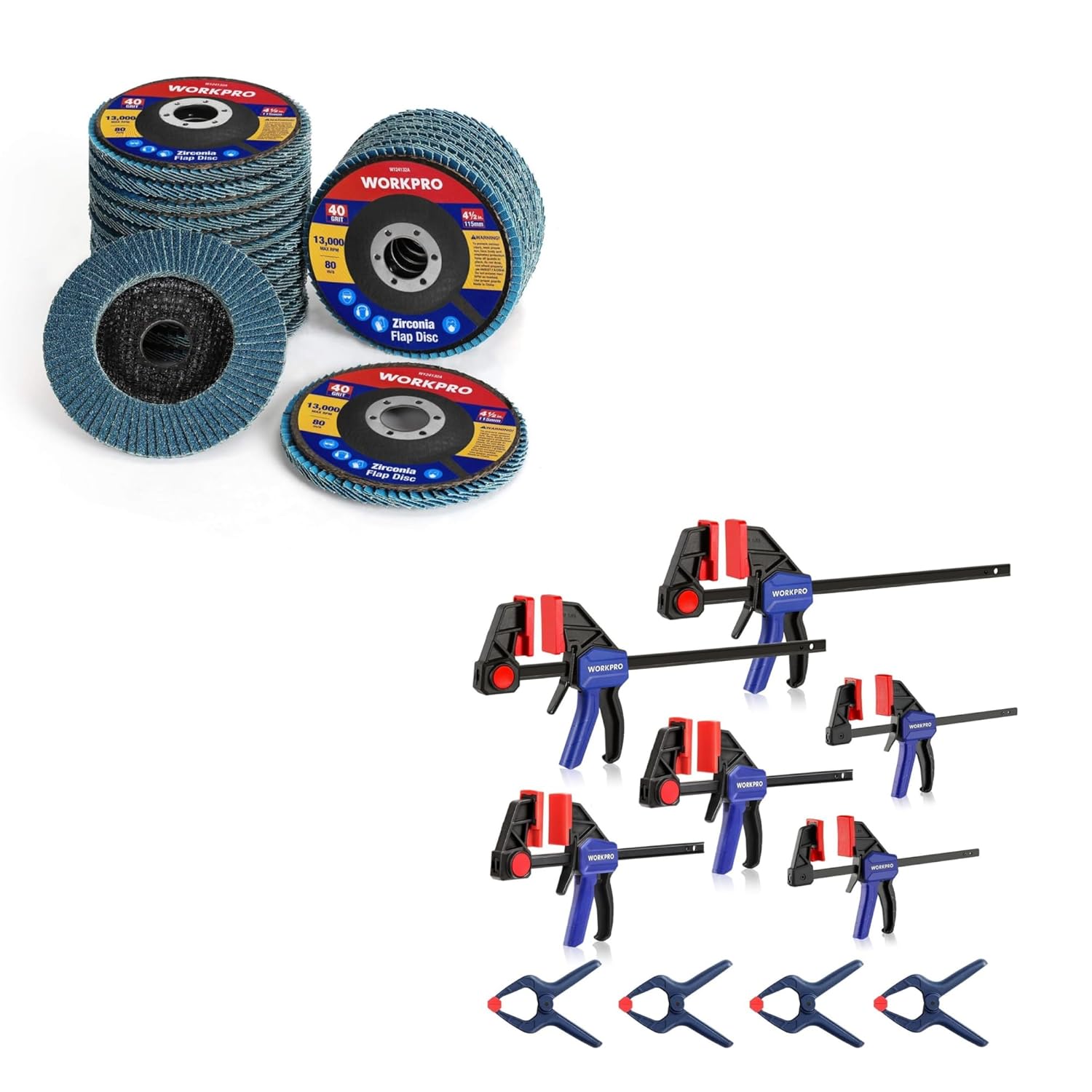 WORKPRO 20-Pack Flap Discs and 10-Pack Bar Clamps for Woodworking