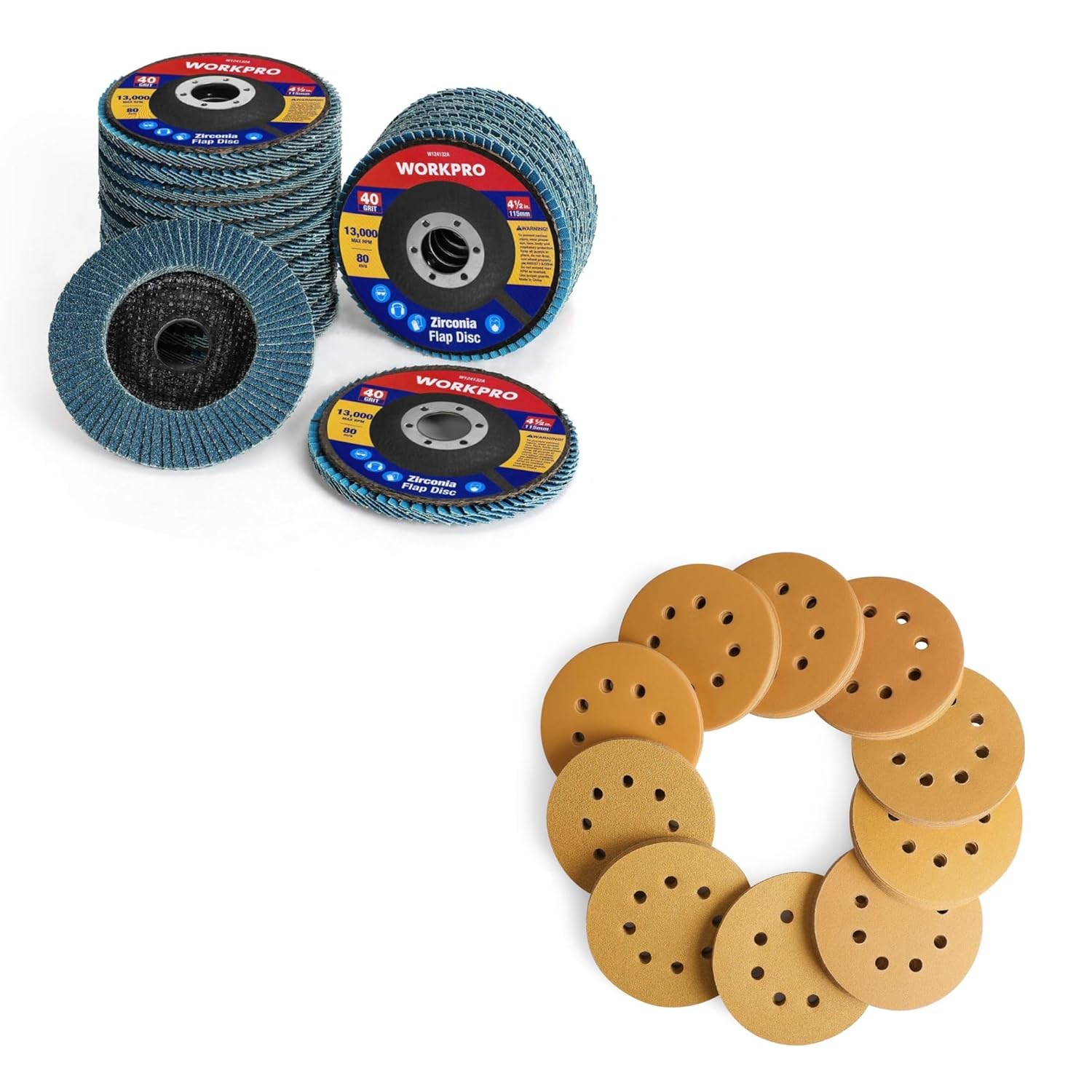 WORKPRO 20-Pack Flap Discs and 150-piece Premium Gold Sanding Discs Set