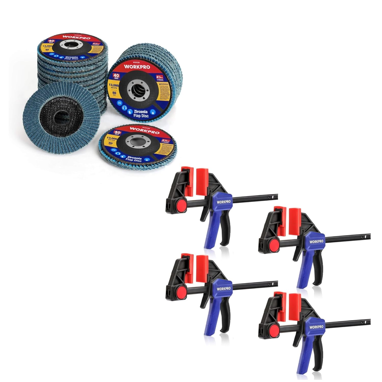 WORKPRO 20-Pack Mixed Grit Sizes Flap Discs (40, 60, 80, 120)  4-Pack 6 Light Duty F-Clamps (Yellow and Black)