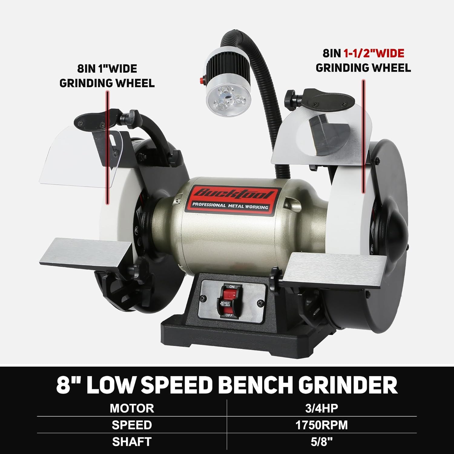 BUCKTOOL 8 Inch 3/4 HP Low-Speed Bench Grinder fit CBN Wheel Professional Wobble-free Wheel Grinder TDS-200C4HL