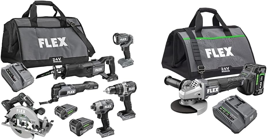 FLEX 24V 6-Tool Combo Kit with Hammer Drill, Impact Driver, Circular Saw, Multi-Tool, Reciprocating Saw, Work Light plus 5 Angle Grinder with 2 Batteries, Charger